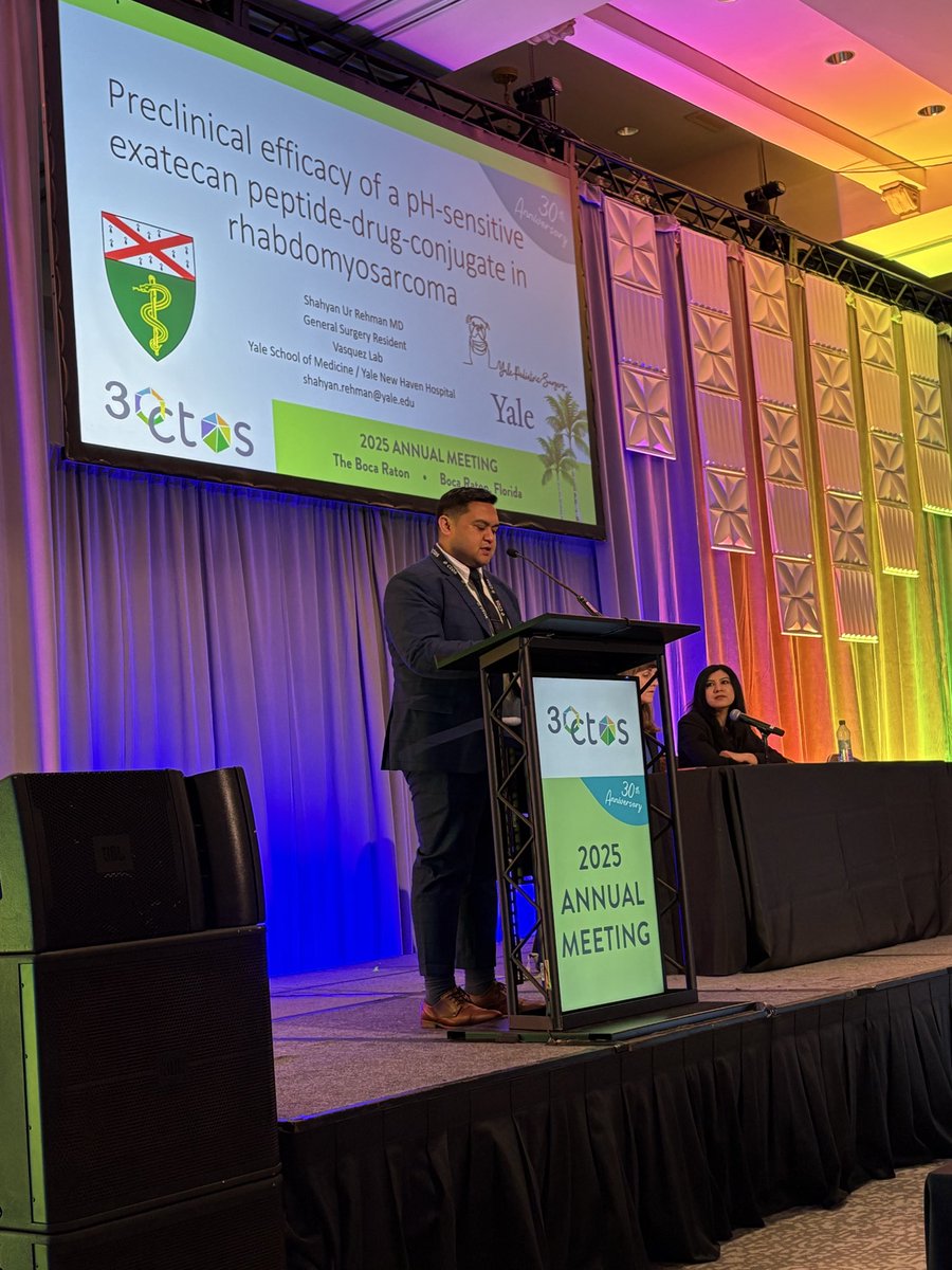 Fantastic talk by <a href="/Shahyan_Rehman/">Shahyan Ur Rehman, MD</a> presenting our ongoing work targeting acidic TME in pediatric sarcoma with pH-sensitive peptide drug conjugates!!@ctosociety #CTOS2025 <a href="/Cybrexa/">Cybrexa Therapeutics Inc</a> <a href="/YaleCancer/">Yale Cancer Center</a> <a href="/YalePediatrics/">Yale Pediatrics</a>