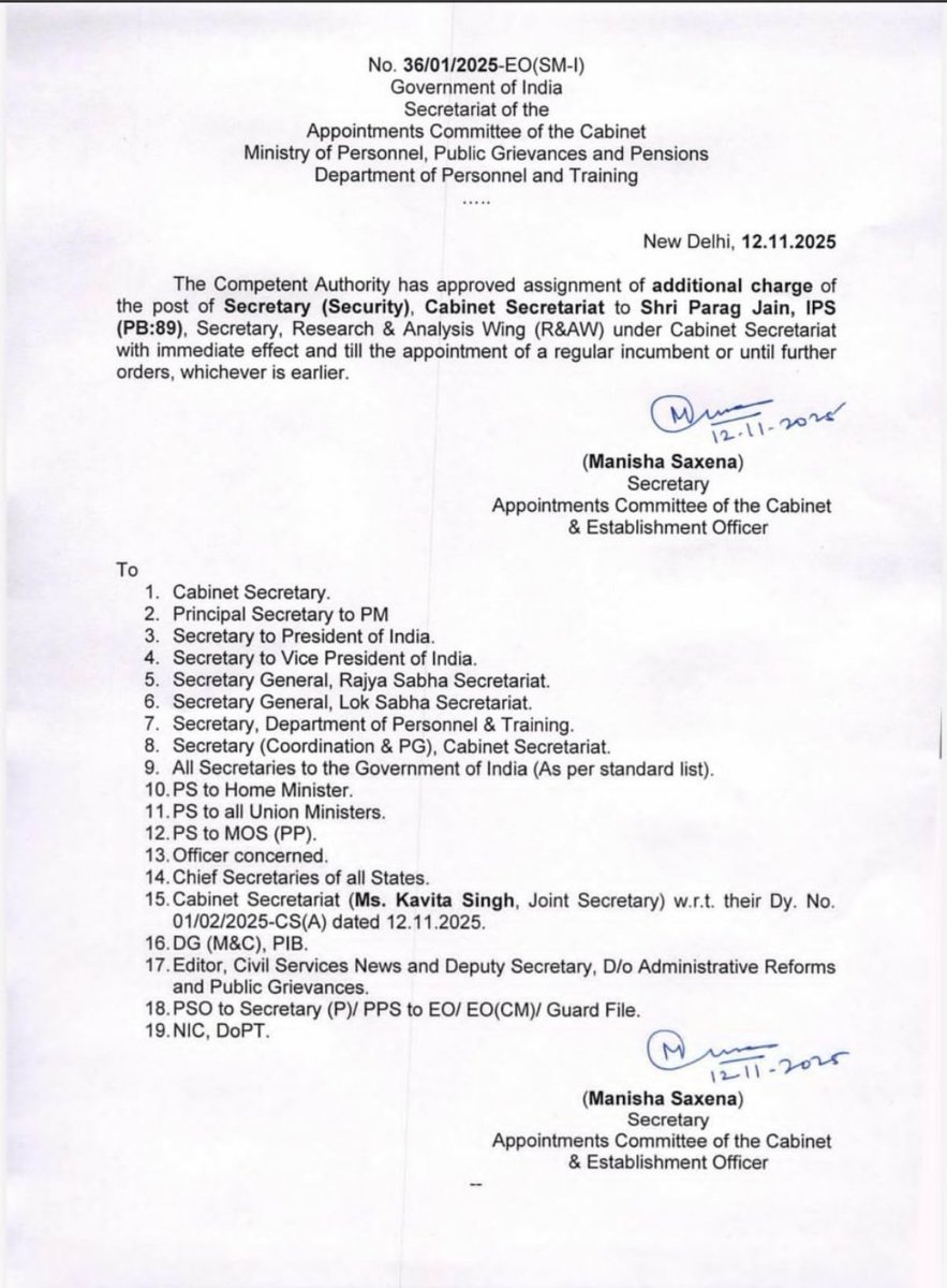 R&amp;AW Chief Parag Jain has been given the additional charge of Secretary (Security) in the Cabinet Secretariat.