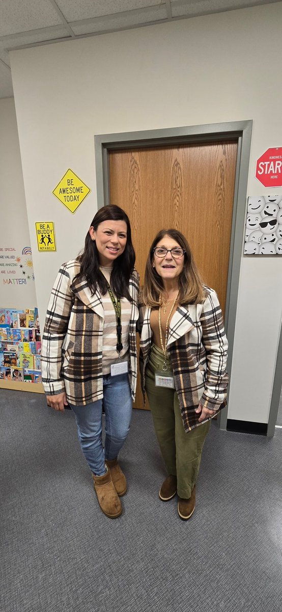 HFFMCSD's tweet image. These two were caught in the same jacket today. Mrs. Galu and Secretary Santamaria are ready for the fall temperatures.

#HFFMCSD #FMES