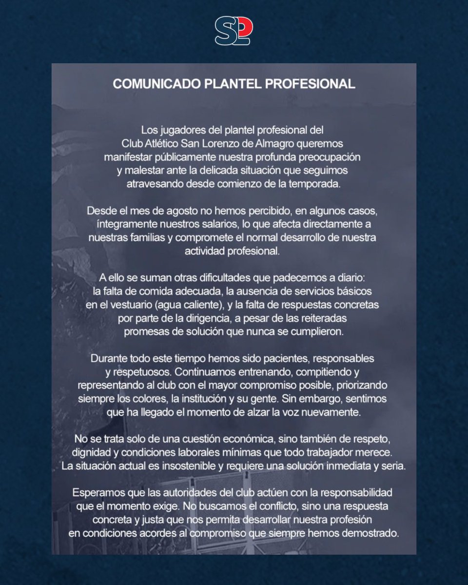 💣🐦‍⬛ AHORA: COMUNICADO DEL PLANTEL 

En las redes sociales personales de cada uno de los jugadores de #SanLorenzo se posteó un mensaje en reclamo a las autoridades del club por el pago de los sueldos y las promesas incumplidas