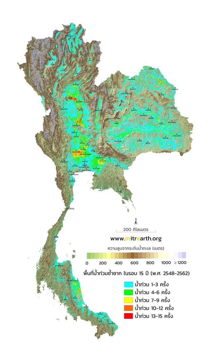 🇹🇭過去15年(2005年〜2019年)の間、
各地域の洪水となった頻度を表すマップです

水色　1〜3回
緑色　4〜6回
黄色　7〜9回
オレンジ色　10〜12回
赤色　13〜15回
