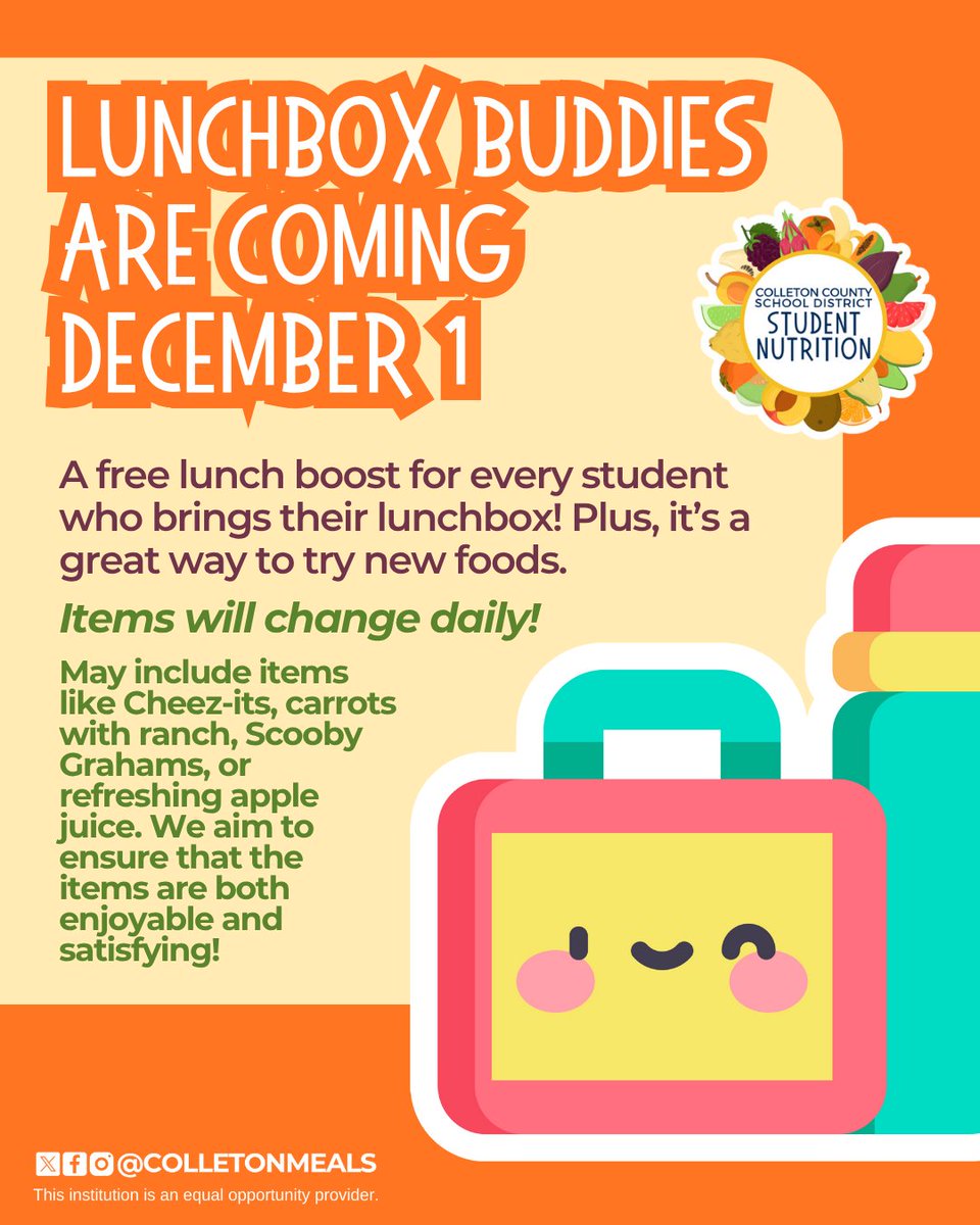 ColletonMeals's tweet image. Are you ready, @ColletonSchools? 📣 Lunchbox Buddies are coming and they are a way to try new foods, boost your lunchbox meal and they are completely free for students!

#Colletonsc #Colletonsouthcarolina #Colleton #scschools #Colletoncounty #Colletoncountyschooldistrict