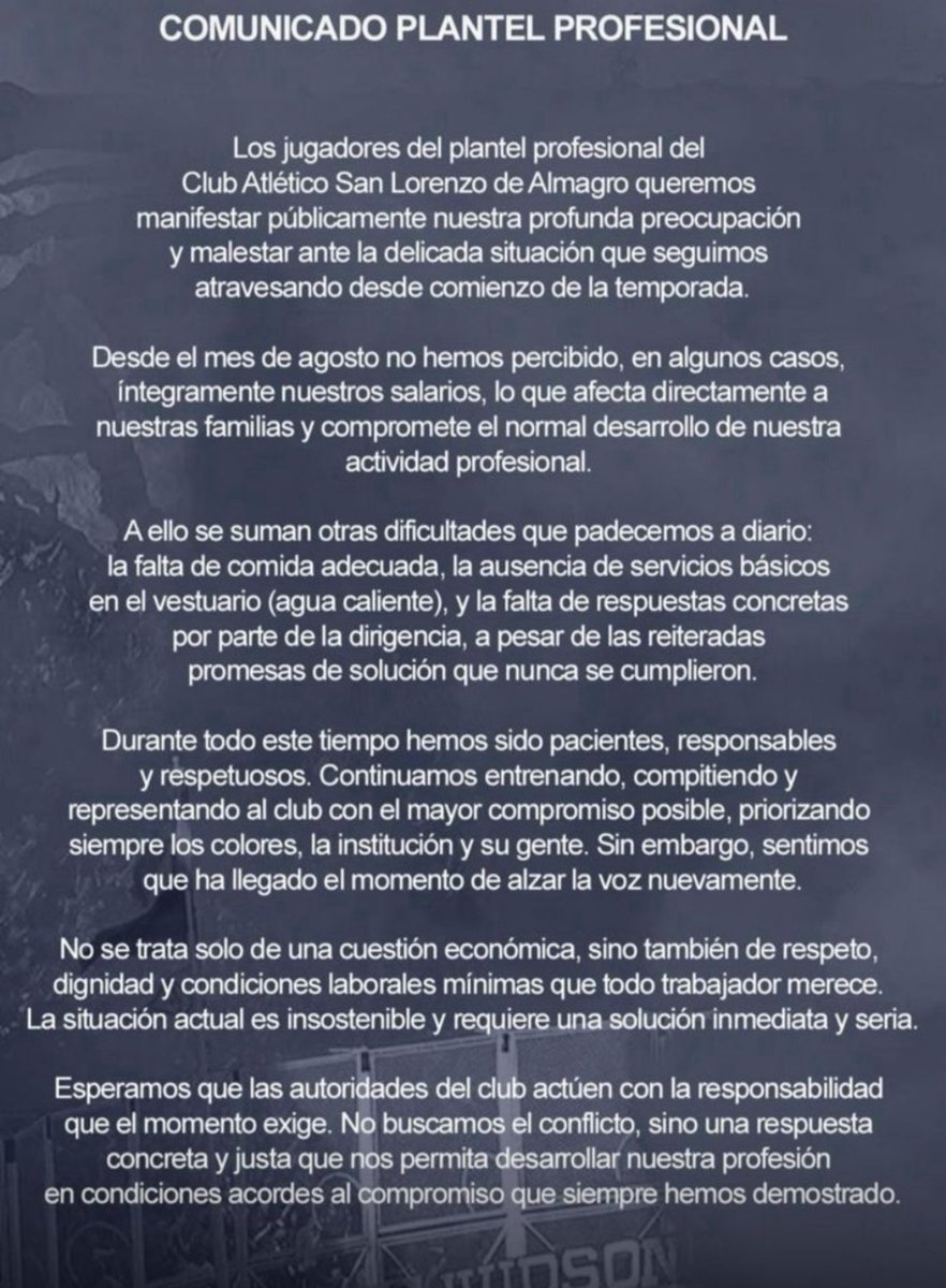 Una verguenza más de la inoperancia de Moretti y su Comisión Directiva. Nuestro plantel profesional al igual que los jueveniles no tienen comida acorde al alto rendimiento ni agua caliente. ¿Hasta dónde quieren llevar a San Lorenzo? No les basta con el daño que ya causaron!!!