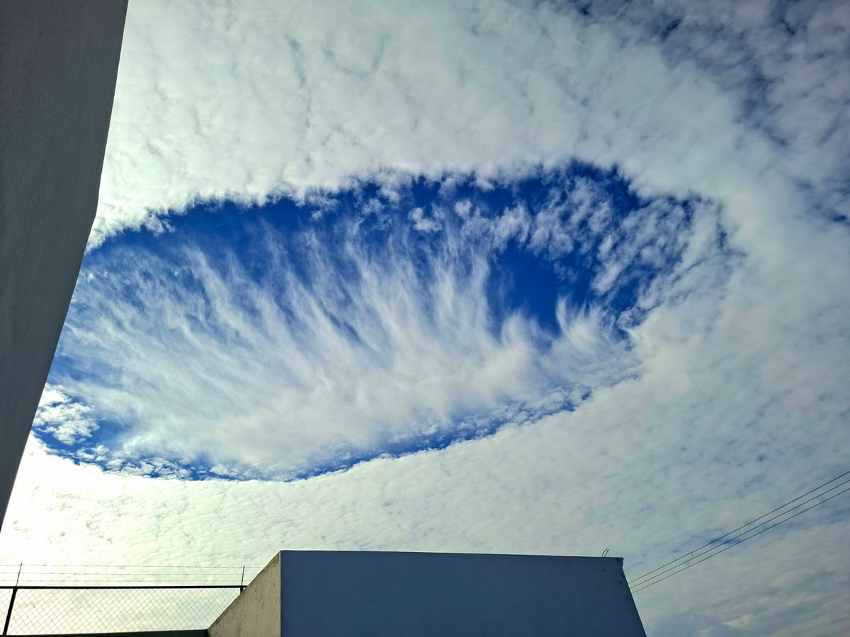 SicomNoticias_'s tweet photo. ☁️ ¡El cielo sorprendió con una rareza atmosférica!
En #Chipilo, #Puebla, se observó una impresionante formación conocida como fallstreak hole o “agujero en las nubes”, que parece salida de una película de ciencia ficción. 🎬🌤️
🔍 Este fenómeno ocurre cuando gotas de agua superenfriadas se congelan repentinamente, generando un gran círculo despejado y estelas de cristales de hielo.
📸Ulises Palma
📰 #SicomNoticias