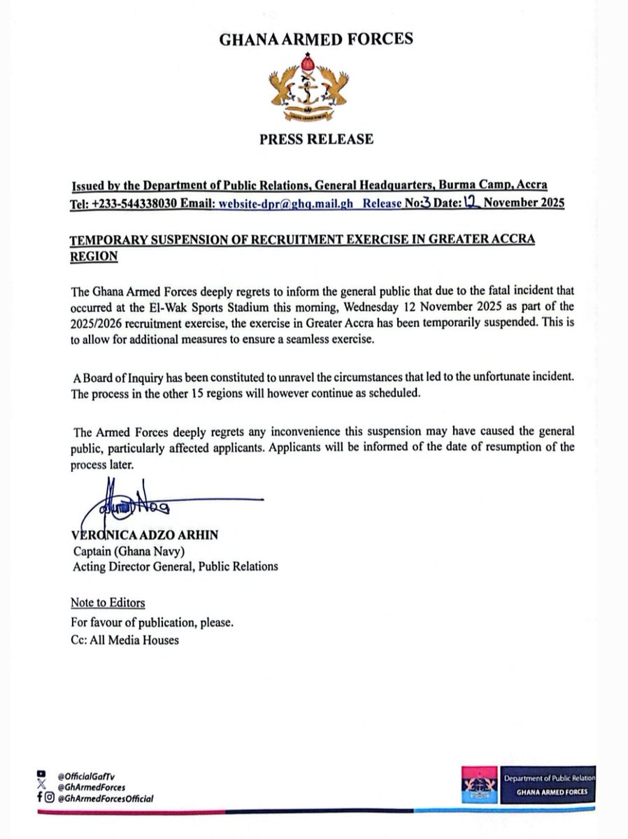 GhArmedForces's tweet image. TEMPORARY SUSPENSION OF RECRUITMENT EXERCISE IN GREATER ACCRA REGION