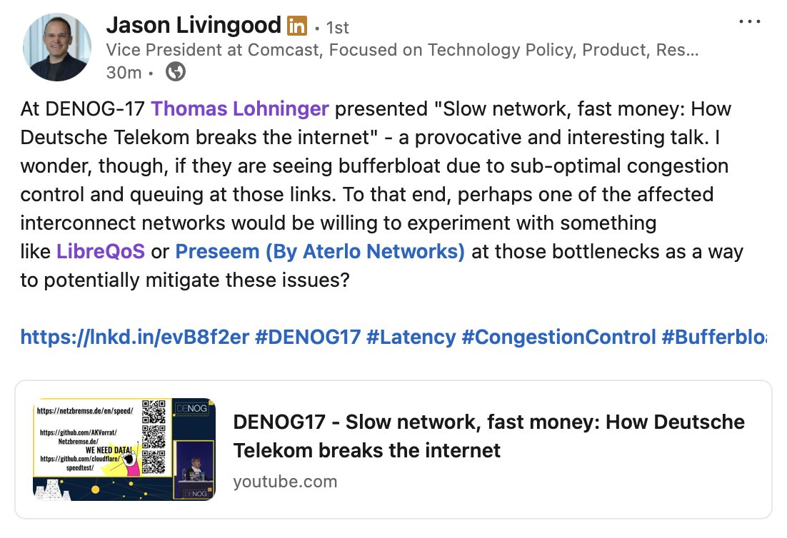 Yes, #LibreQoS and other #QoE middle-boxes could be a potential solution in such situations.
cc <a href="/socialhack/">Thomas Lohninger</a>, <a href="/DENOGnews/">DENOG</a>, <a href="/jlivingood/">Jason Livingood</a> 

#latency #bufferbloat #QualityOfExperience #QoS #AQM #FQ_CoDel #sch_CAKE #RFC8290 #Peering #IXP #IX #InternetExchange #bandwidth #DENOG17 #DENOG
