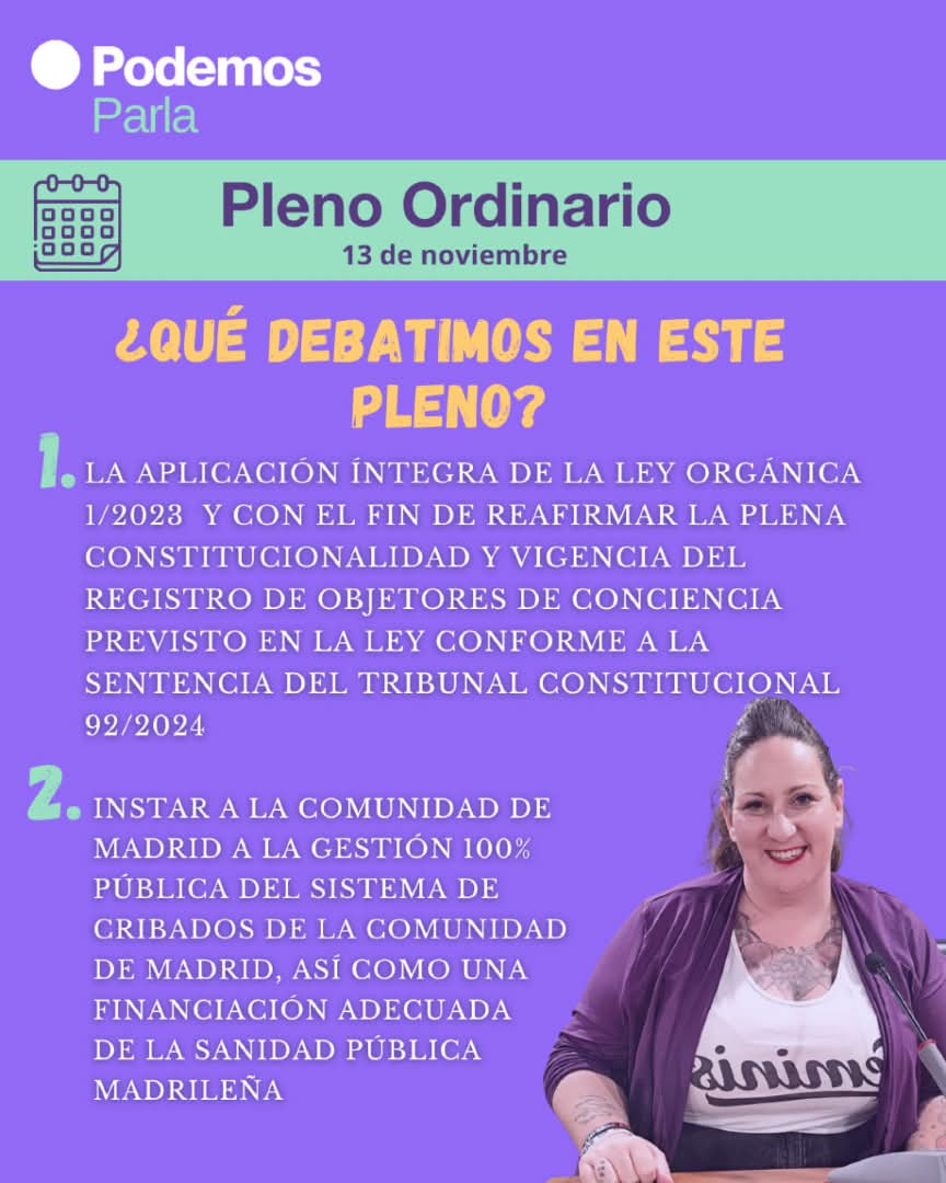 🚨🏛️ Este mes en el #pleno noviembre en #Parla llevamos dos propuestas 👇

1️⃣ Para que se cumple la constitucionalidad del registro de objetores en la sanidad pública
2️⃣ Instar a la CM a la gestión pública de los cribados

🟣Los servicios públicos  garantizan la justicia social