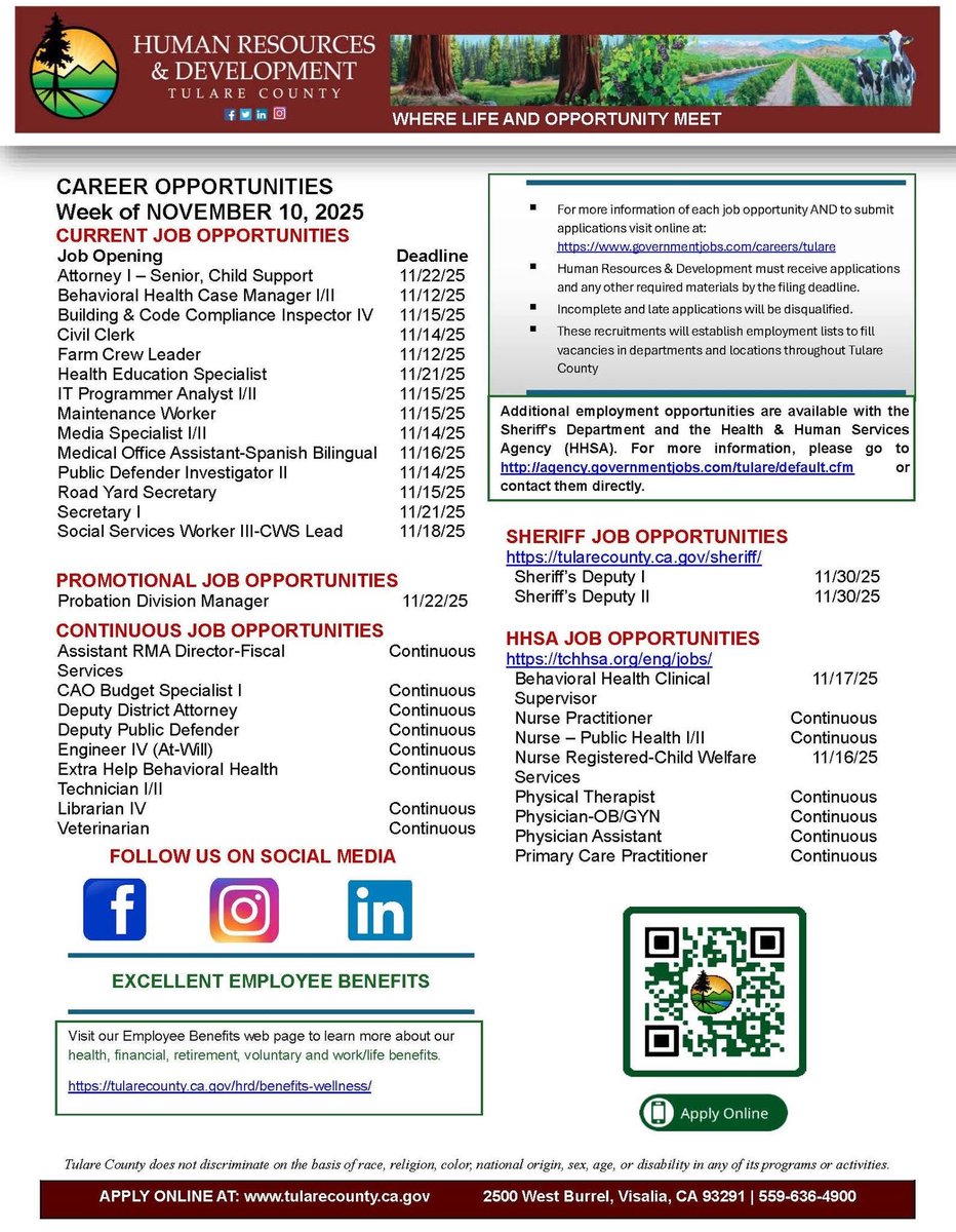 Ready for a new job?

Search openings now at governmentjobs.com/careers/TULARE

#TulareCounty #nowhiring #jobopenings #workhere
