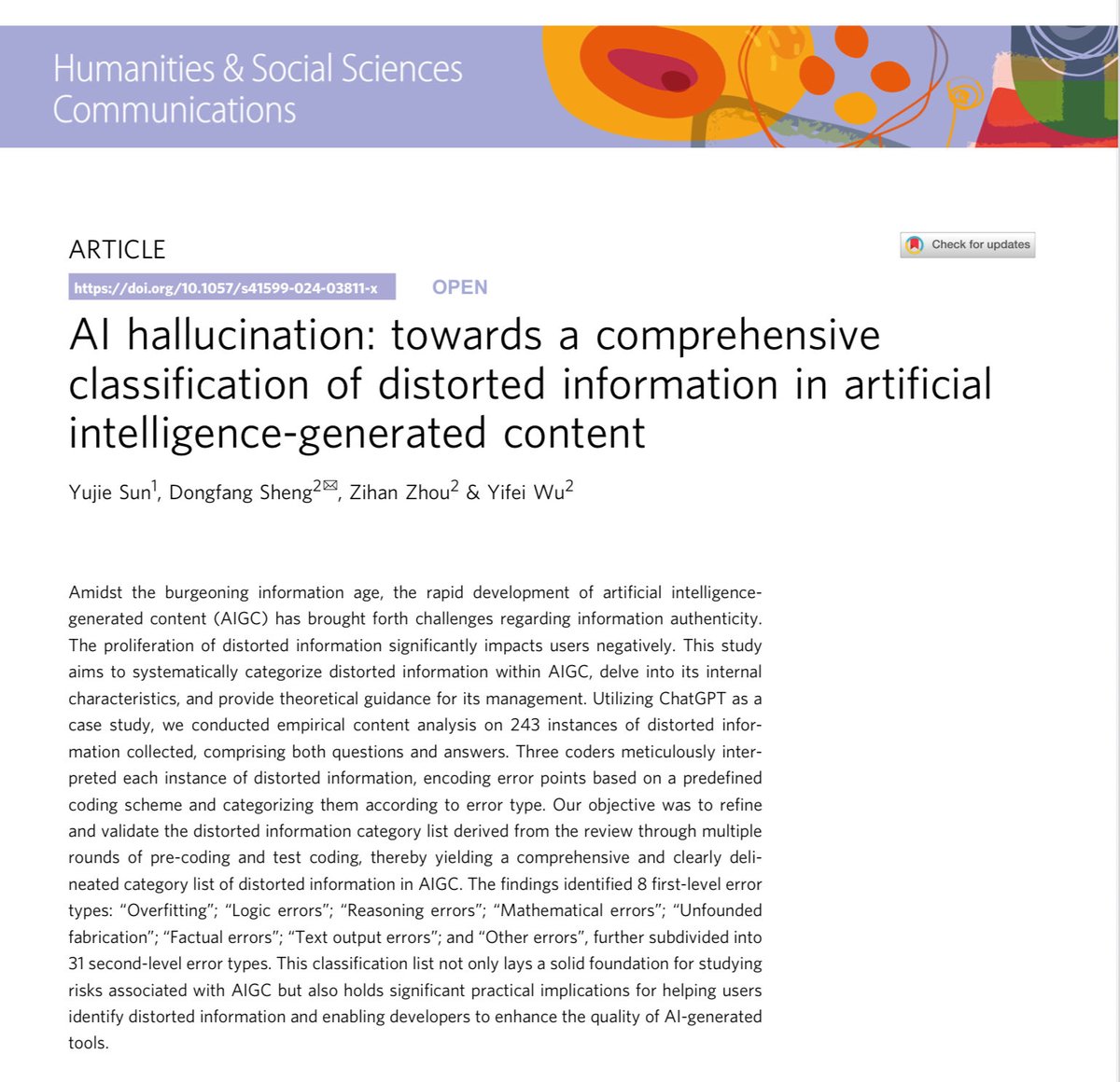 Fascinating paper in <a href="/Nature/">nature</a> : "AI hallucination: towards a comprehensive classification of distorted information in artificial intelligence-generated content"
nature.com/articles/s4159…