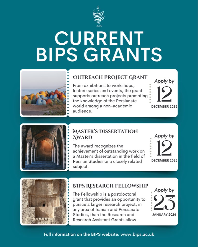 BIPS_Britac's tweet image. The British Institute of Persian Studies welcomes applications for Outreach Project Grants, the Masters’ Dissertation Award, and the BIPS Research Fellowship! Full details are on the BIPS website.
