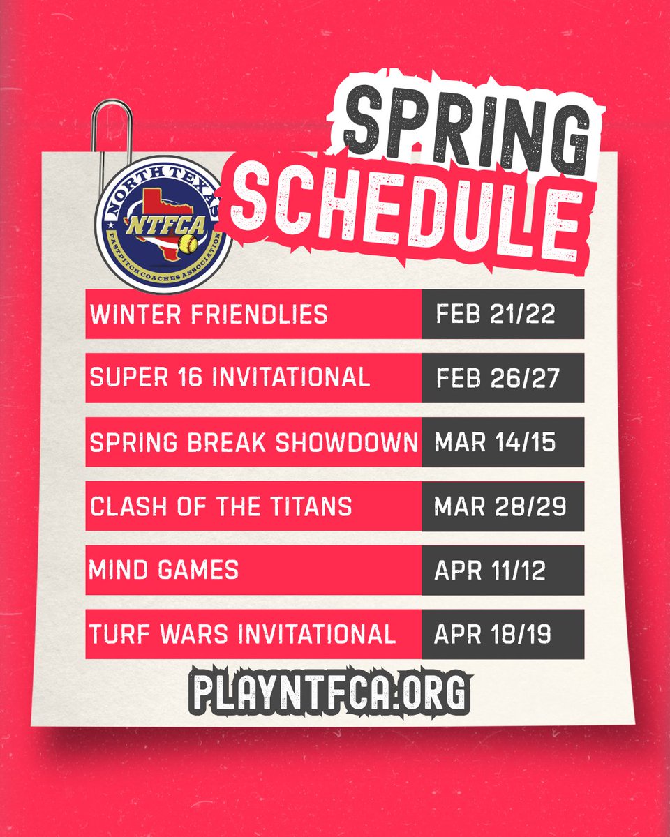 SPRING SCHEDULES
🚨🚨🚨
It's that time of year again! Here are our first six events of 2026. Start planning your spring prep with the most competitive softball in North Texas. Check out these and many others on our full slate at playntfca.org