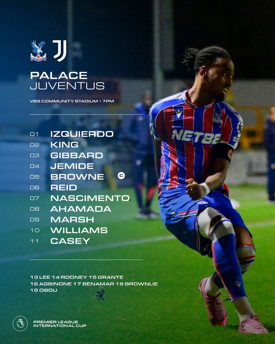 Here’s how the young Eagles line up against Juventus 🫡

Great to see Dean Benamar back in the mix 🙌

#CPFC | #PLInternationalCup