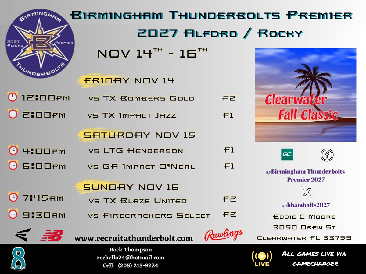 Next stop… catch us in Clearwater, FL this weekend! 💜💛 <a href="/BhamBolts2027/">Birmingham Thunderbolts Premier 2027-Alford/Rocky</a> <a href="/rockello24/">rock thompson</a> <a href="/PrepSoftball/">Prep Softball 🥎</a> <a href="/SoftbalAmerica/">Softball America</a> <a href="/KaylaLombardo11/">Kayla Lombardo</a> <a href="/LineDsoftball/">Line Drive Media</a> <a href="/ExtraInningSB/">EXTRA INNING SOFTBALL</a> <a href="/AuburnSoftball/">Auburn Softball</a> <a href="/KateMalveaux/">Kate Malveaux</a> <a href="/CoachMalveaux/">Chris Malveaux</a> <a href="/rykerzc/">Ryker Zane Chason</a> <a href="/DJSanders37/">Doni Jeneé</a>