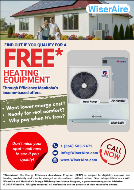 WiseraireCA's tweet image. Stay warm for free! 💨
Find out if you qualify for FREE heating equipment through Efficiency Manitoba’s program — installed by WiserAire!
📞 +1 (866) 583-2473 | 💻 WiserAire.com
#FreeHeat #EnergySavings #HVAC #Manitoba