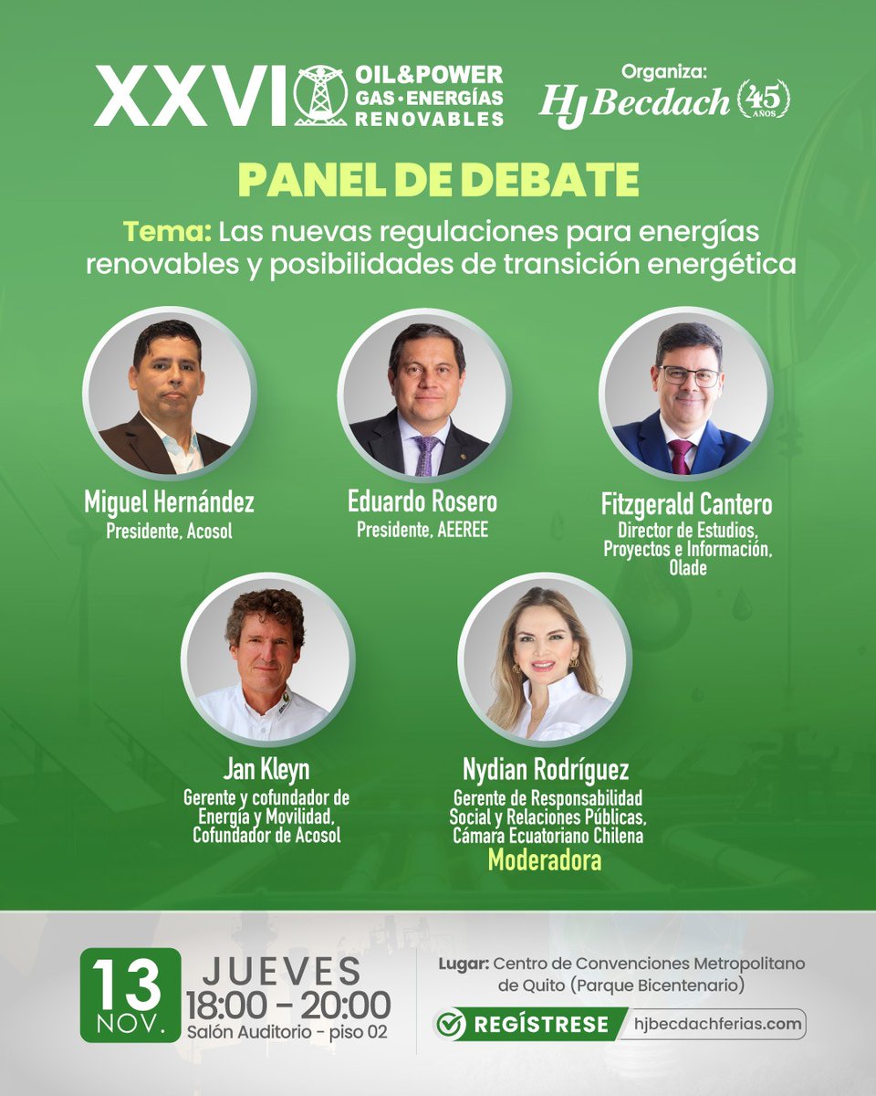 Este jueves 13 de noviembre, nuestra Gerente de Responsabilidad Social Empresarial, <a href="/NydiRodriguez/">NYDIAN RODRIGUEZ</a>,  será moderadora del panel “Las nuevas regulaciones para energías renovables y posibilidades de transición energética” en la <a href="/OilAndPower/">Ecuador Oil & Power </a>, que se realiza en   #Quito.🌿⚡️