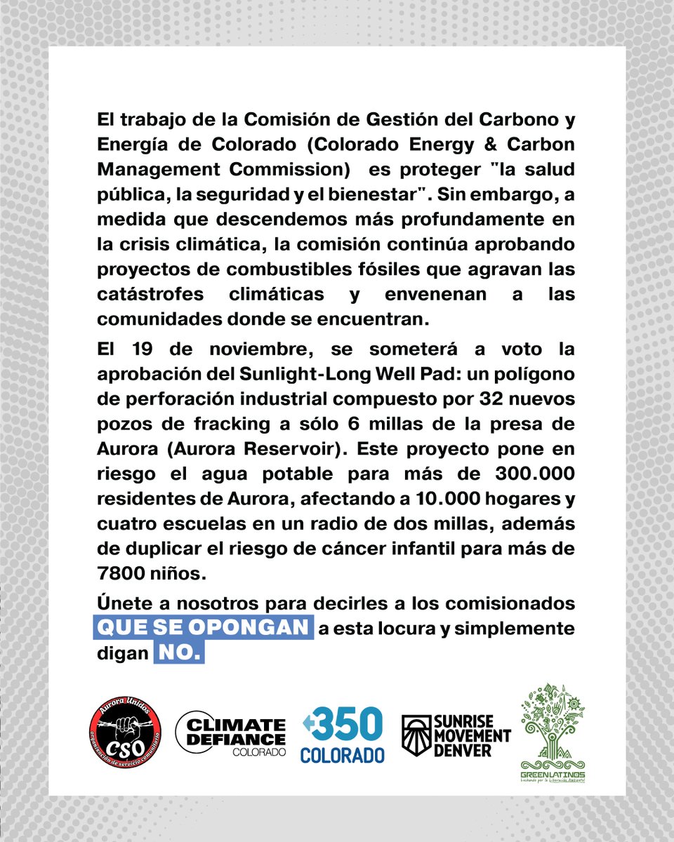 Join Climate Defiance Colorado to speak out about the the Sunlight-Long Well Pad by the Aurora Reservoir!

November 18 | 4–6pm
1120 Lincoln Street, Denver