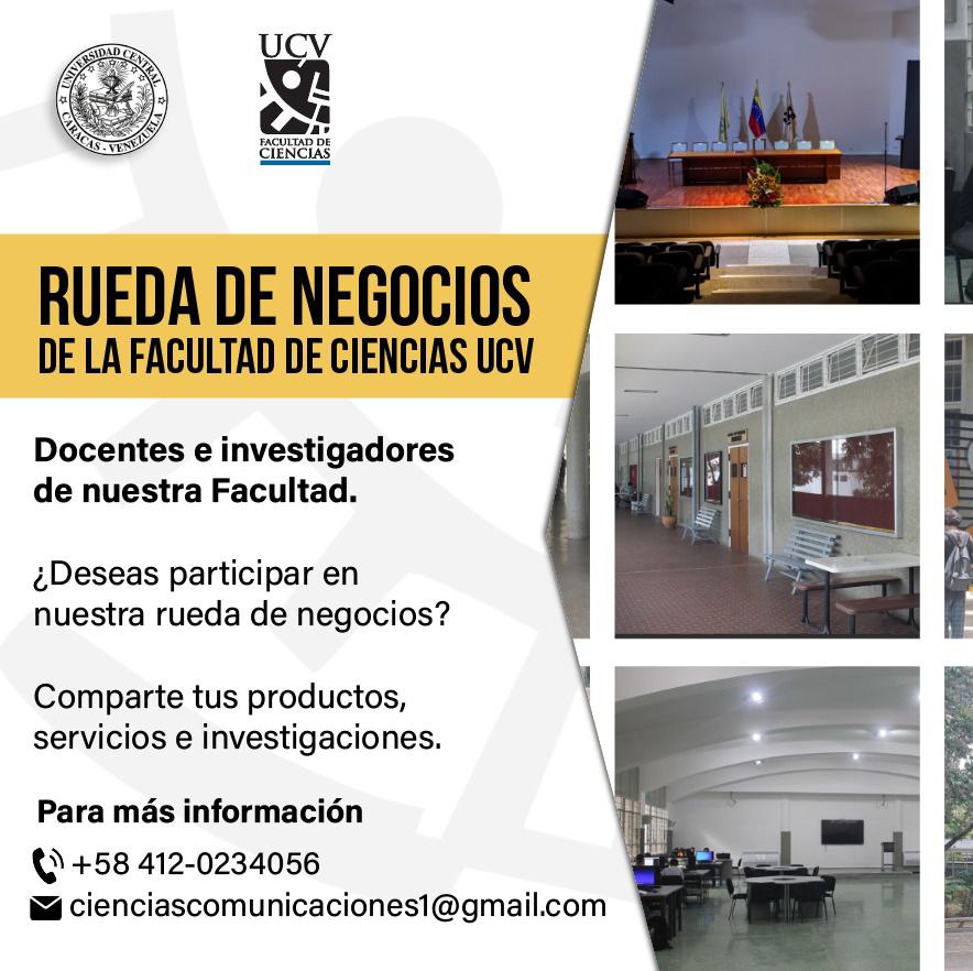 La Facultad de Ciencias UCV invita a los docentes e investigadores de nuestra Institución a participar en la Rueda de Negocios que estamos organizando. 

Para más información y confirmar tu participación puedes comunicarte al +58412-0234056 / cienciascomunicaciones1@gmail.com