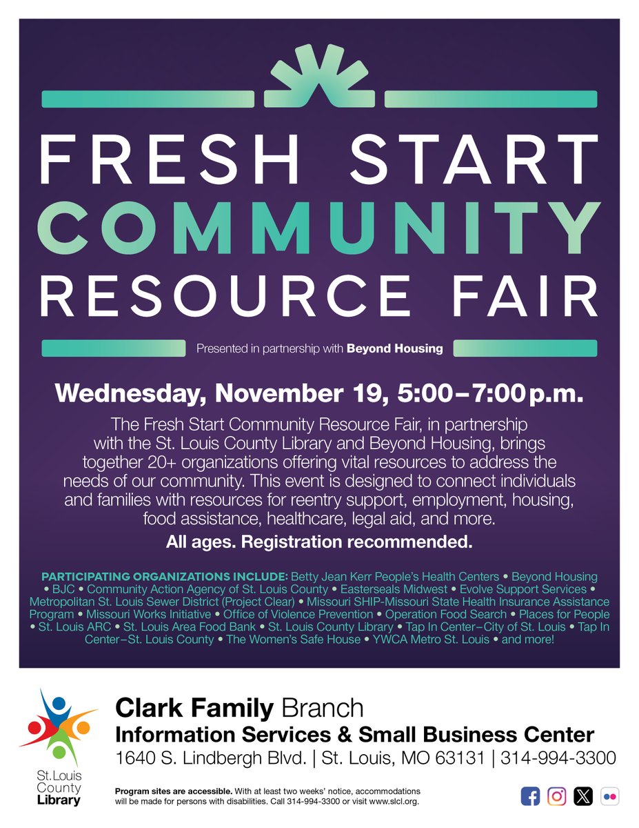 MSDProjectClear's tweet image. We’ll be at the Fresh Start Community Resource Fair! Hosted by @SLCL in partnership with @BeyondHousing, this fair brings together 20+ organizations offering resources for re-entry, employment, housing, food assistance, healthcare, legal aid, and more. Come visit our table!