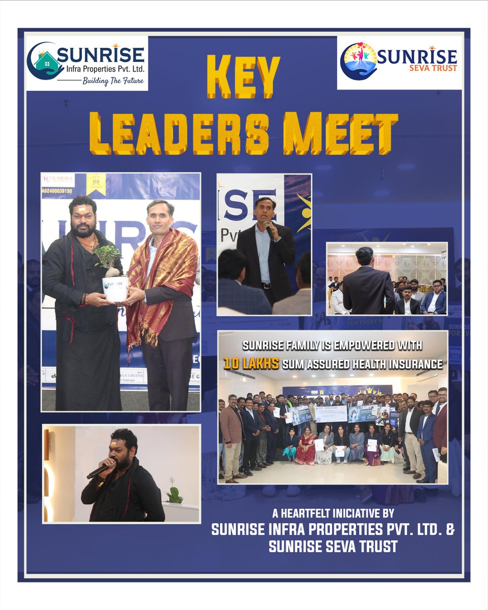 ProjectsInfra's tweet image. Key Leaders Meet 2025 – A Grand Success! 🎉
An inspiring session by Mr. Sripadaram Madunoori, Motivational Speaker &amp;amp; Business Coach. ✨
 As a gesture of gratitude, ₹10 Lakh Health Insurance Policies were gifted to our valued leaders! 🙏

#SunriseInfraProperties #KeyLeadersMeet