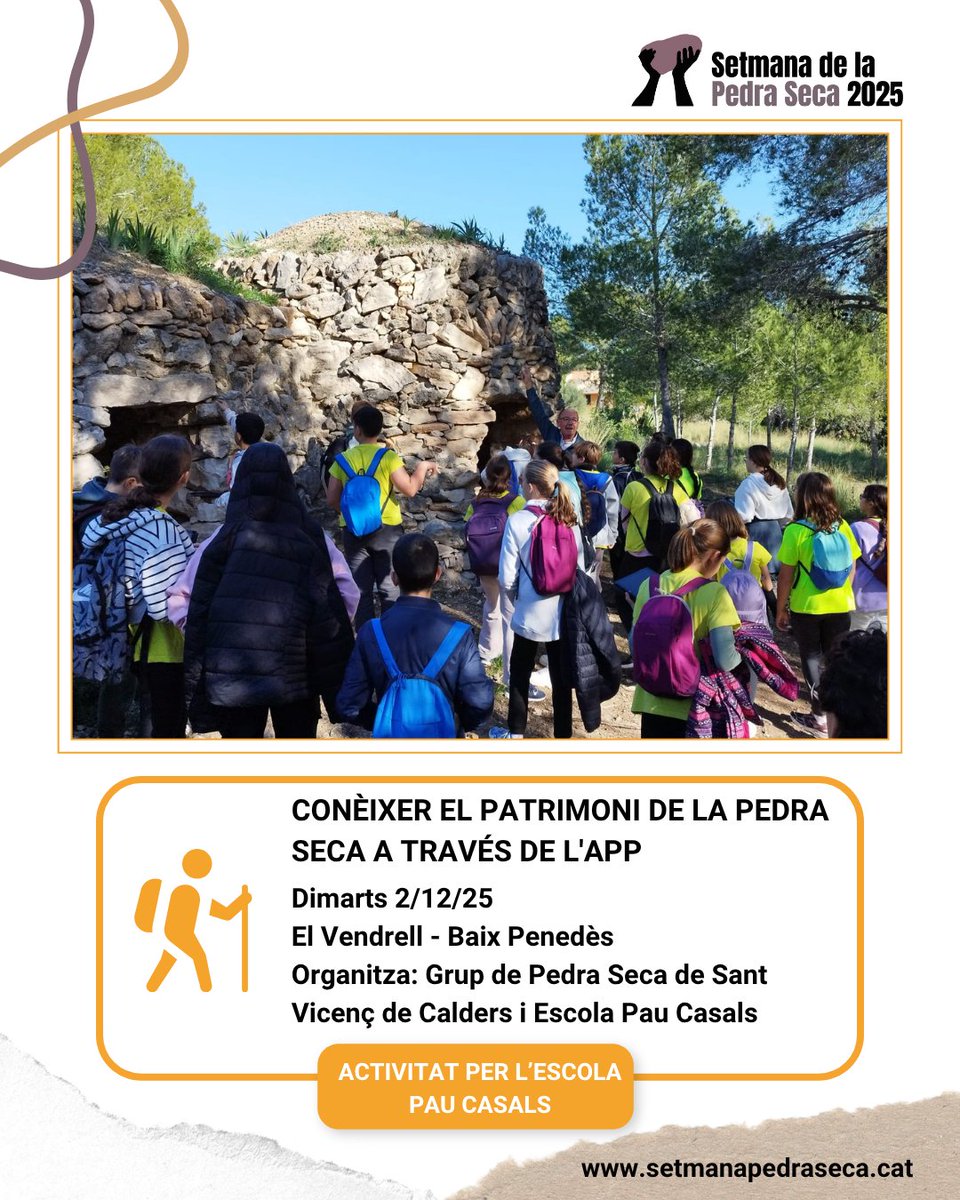 SetmPedraSeca's tweet image. 🟠 DESCOBERTA
🚶‍♀️Conèixer el patrimoni de la pedra seca a través de l&apos;app

🗓2/12
📍El Vendrell. Activitat per l&apos;alumnat de 6è de l&apos;Escola Pau Casals
📌Organitza: Grup de Pedra Seca de Sant Vicenç de Calders i Escola Pau Casals
➕Info👇
setmanapedraseca.cat/activitats/age…

#SetmanaPedraSeca25