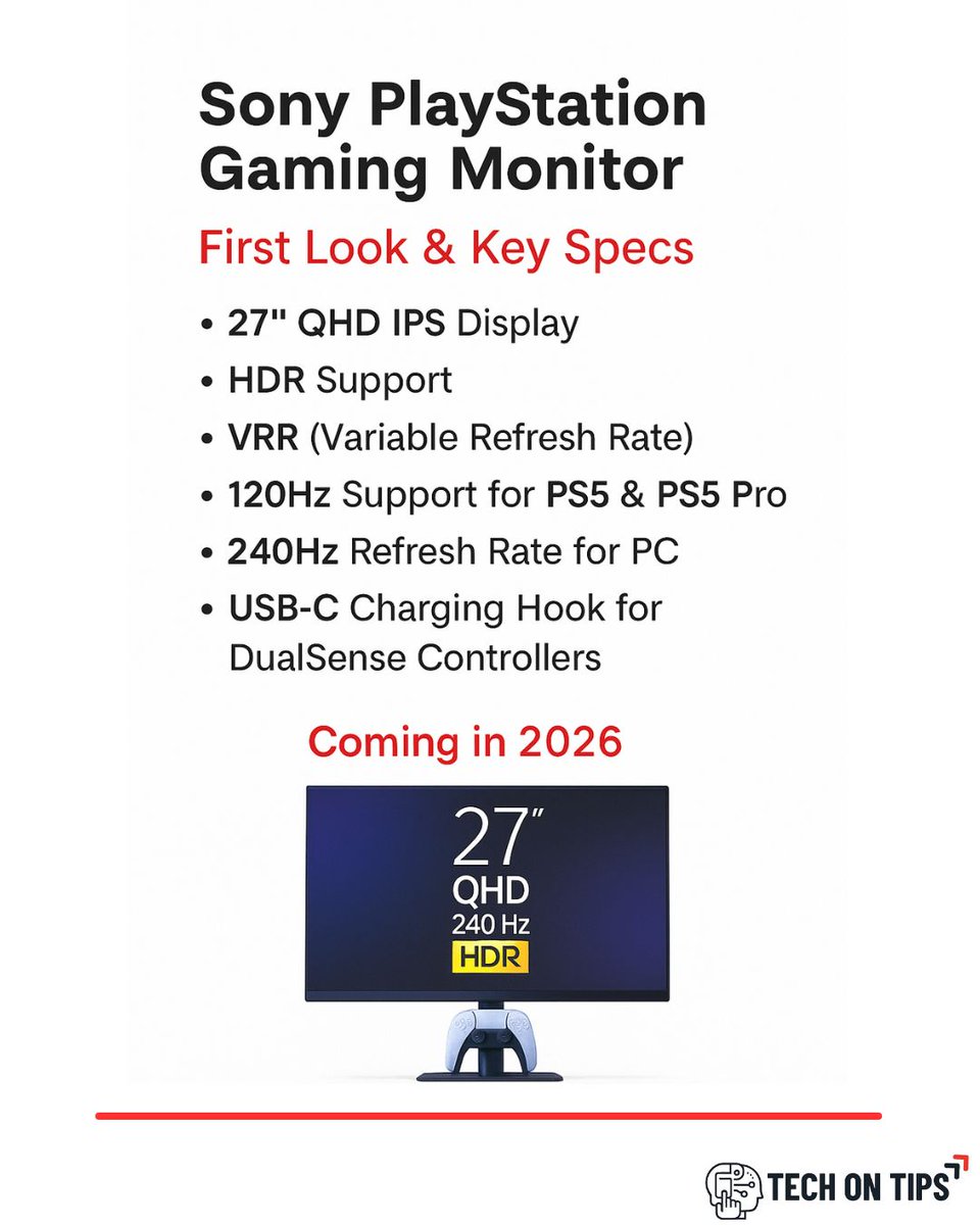 TechonTips24's tweet image. Sony levels up your gaming setup! 🎮
A 27-inch QHD PlayStation Gaming Monitor is coming in 2026 — 240Hz refresh rate, HDR support, and full PS5 compatibility.
What’s the first game you’re diving into? 👇🔥
#Sony #PlayStation #GamingMonitor #PS5 #TechNews #GamerLife #NextGenGaming