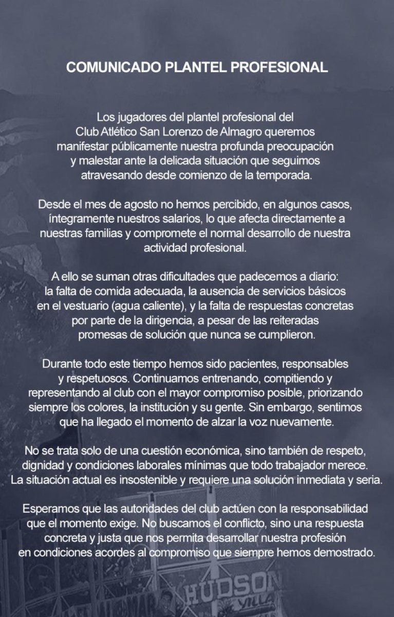 Viendo con detalle el comunicado es inhumano no cobran desde el mes de agosto. Son los unicos que dan la cara por el club y ese es el trato que reciben. Ustedes votaron a este imbecil, no se hagan los boludos.
