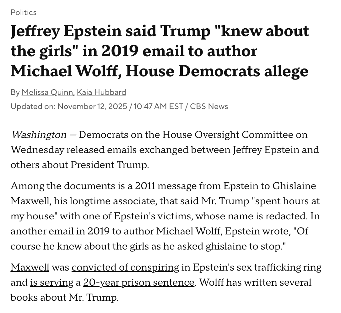jnorcr's tweet image. Jeffrey Epstein said Trump &quot;knew about the girls&quot; in 2019 email to author Michael Wolff, House Democrats allege (via #CBSnews)
cbsnews.com/news/jeffrey-e…