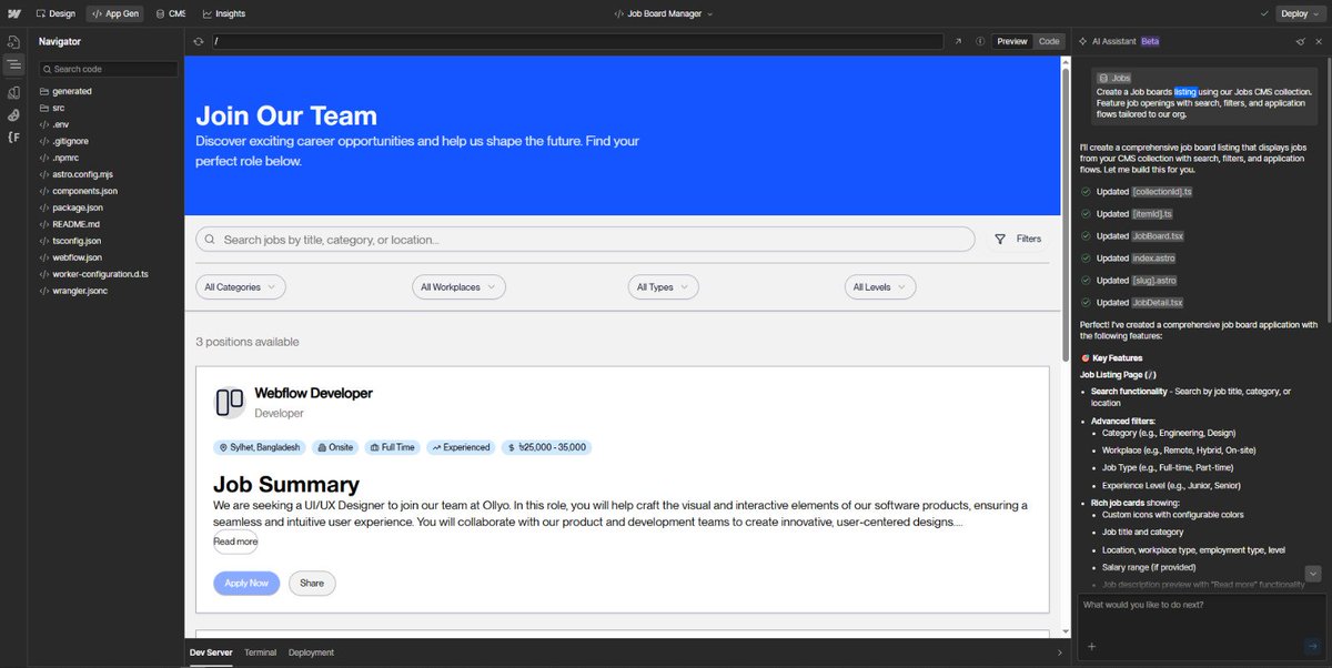 ZahidHa45112113's tweet image. Guys, @webflow App Gen is here! 🚀

Just built a quick &quot;Job Boards Listing&quot; page using my existing CMS — super smooth process 🔥

Huge shoutout to @WebIsBae for the awesome tutorial!

👉 webflow.com/feature/code-g…

#Webflow #NoCode