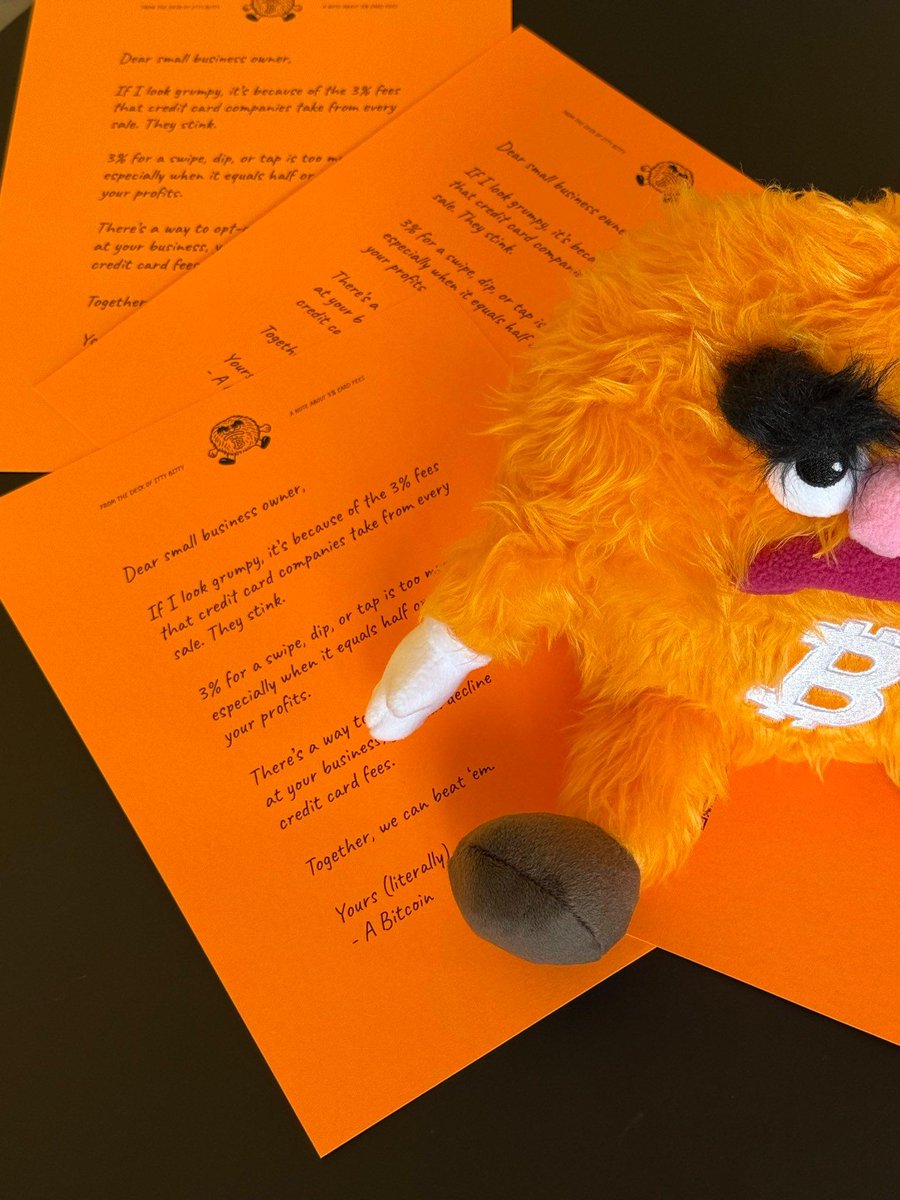 spiralbtc's tweet image. These resources include persuasive leave-behind materials that bitcoiners can bring to local businesses, from subtle, home printer-friendly handouts to bold, attention‑grabbing combo pieces like, uh, a plushie with impeccable penmanship.