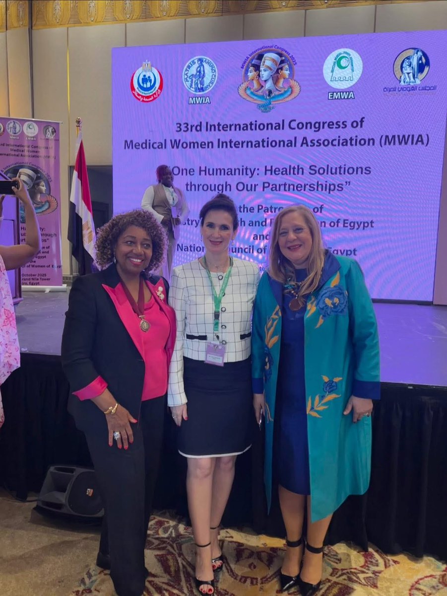 hmghoson's tweet image. It was my honor to once again meet Dr. Eleanor Nwadinobi, President of the Medical Women’s International Association (MWIA), in Cairo, and to connect with the newly elected President, Dr. Muna Asfour — two incredibly charismatic and inspiring women who exemplify leadership.