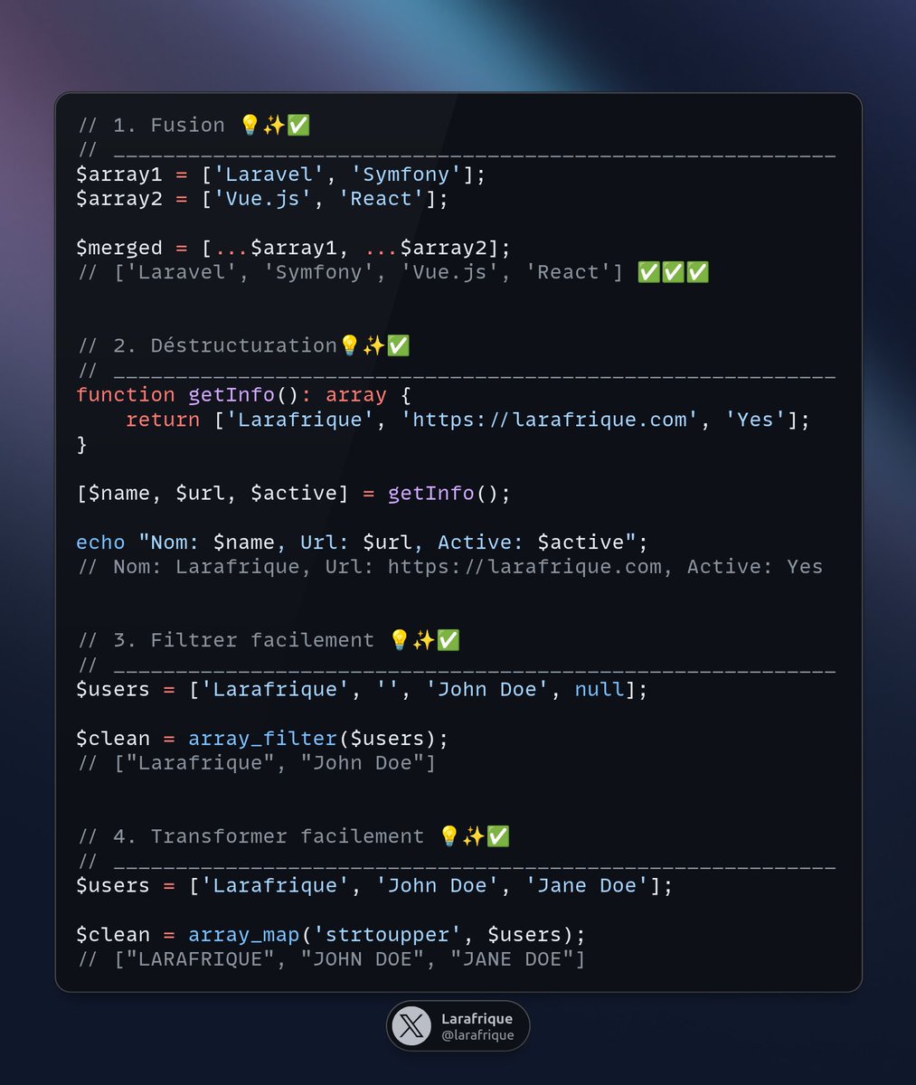 larafrique's tweet photo. Ce qu’on aime avec PHP 💛 : la puissance dans la simplicité.
Quelques lignes suffisent pour manipuler les tableaux avec élégance et lisibilité ✨ #PHP #CodeCraft https://t.co/u91U7C3r5c