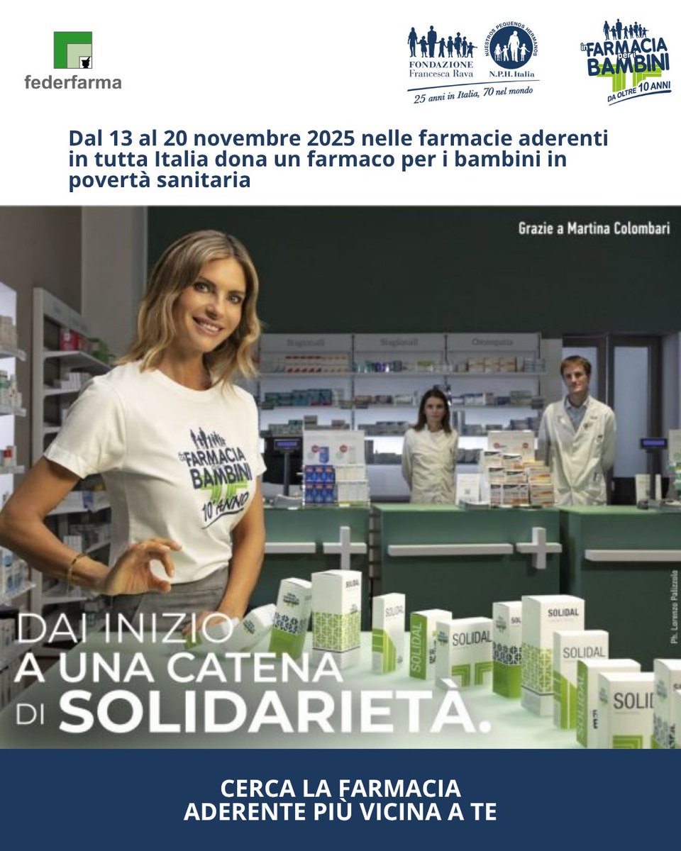 Dal 13 al 20 novembre torna “In farmacia per i bambini” con <a href="/Fondazione_Rava/">Fondazione Rava NPH</a> . Un gesto semplice può fare la differenza per tanti bambini e famiglie. Cerca le farmacie aderenti #infarmaciaperibambini

infarmaciaperibambini.nph-italia.org/lista-farmacie/