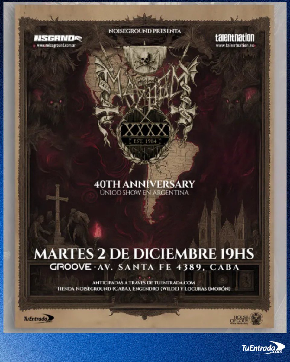 MAYHEM regresa al país ⚡️

Celebrando su 40 aniversario, la leyenda del BLACK METAL noruego llega a GROOVE 🇳🇴

📅 Martes 2 de Noviembre • 19hs
🎟️ Últimas entradas en tuentrada.com

#blackmetal #mayhem #palermo