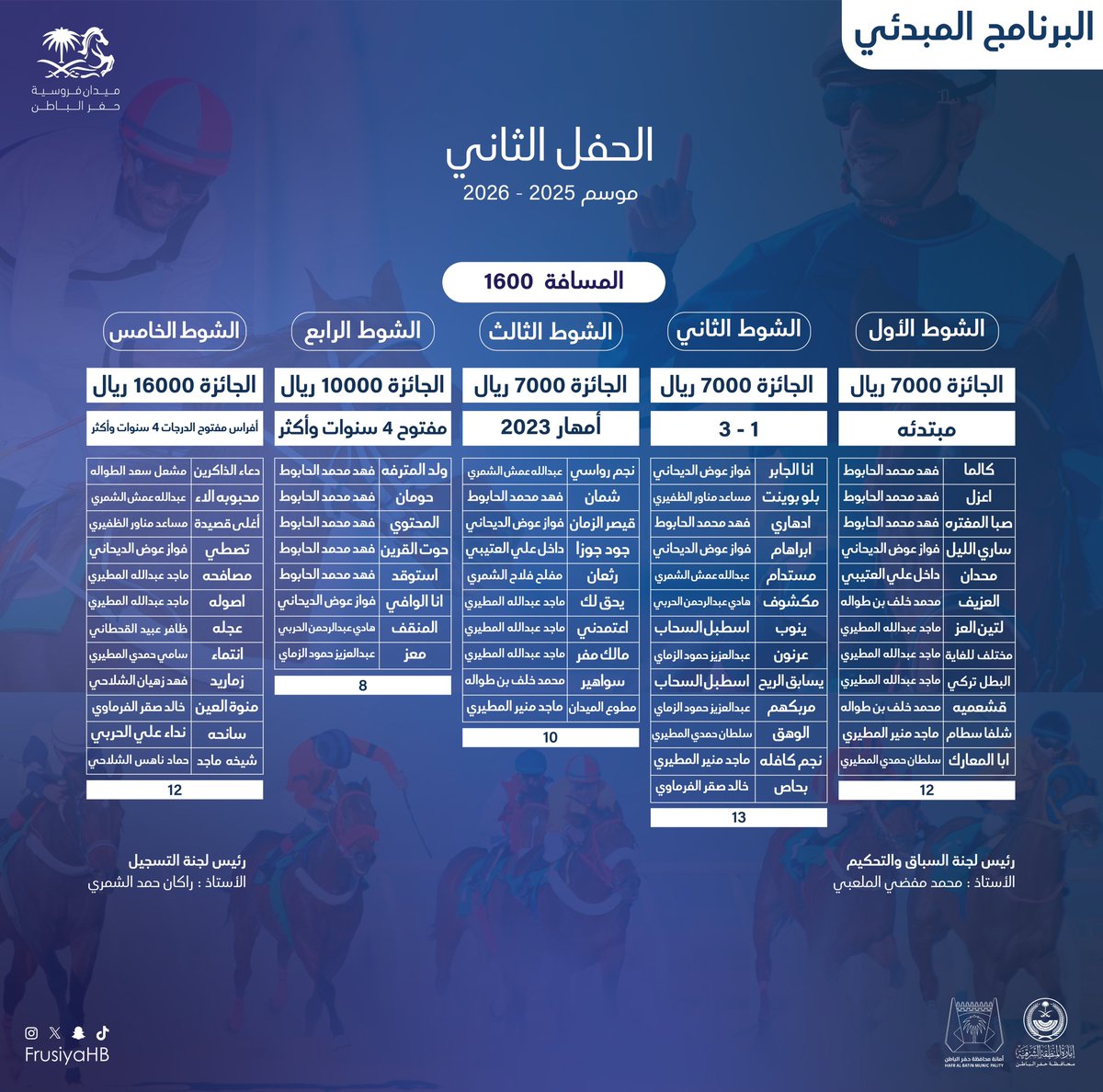 تعلن إدارة ميدان الفروسية بمحافظة حفرالباطن عن برنامجها المبدئي للموسم الرابع

( الحفل الثاني ) 
لموسم 2025-2026 

#ميدان_فروسية_حفرالباطن
