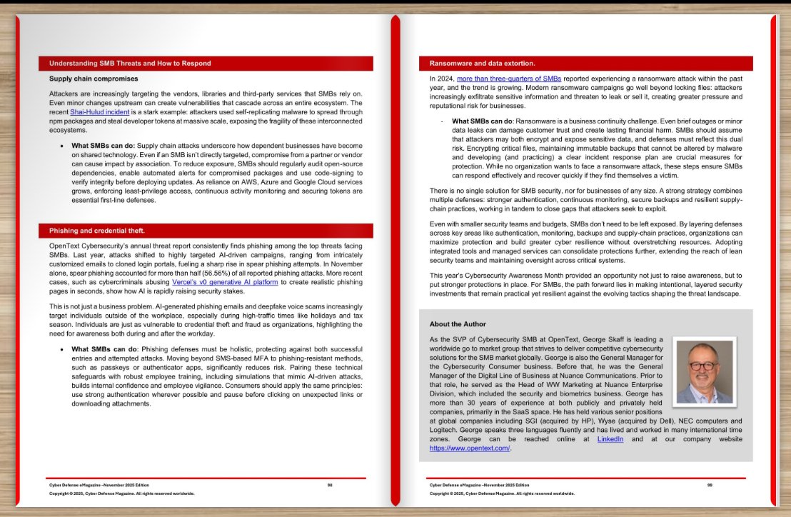 OpenTextSec's tweet image. While #CybersecurityAwarenessMonth may be over, it&apos;s always important to stay vigilant all year long. 👀

Our own George Skaff shares his insights in the latest feature of @cyberdefensemag. Read on: cyberdefensemagazine.com/newsletters/no…