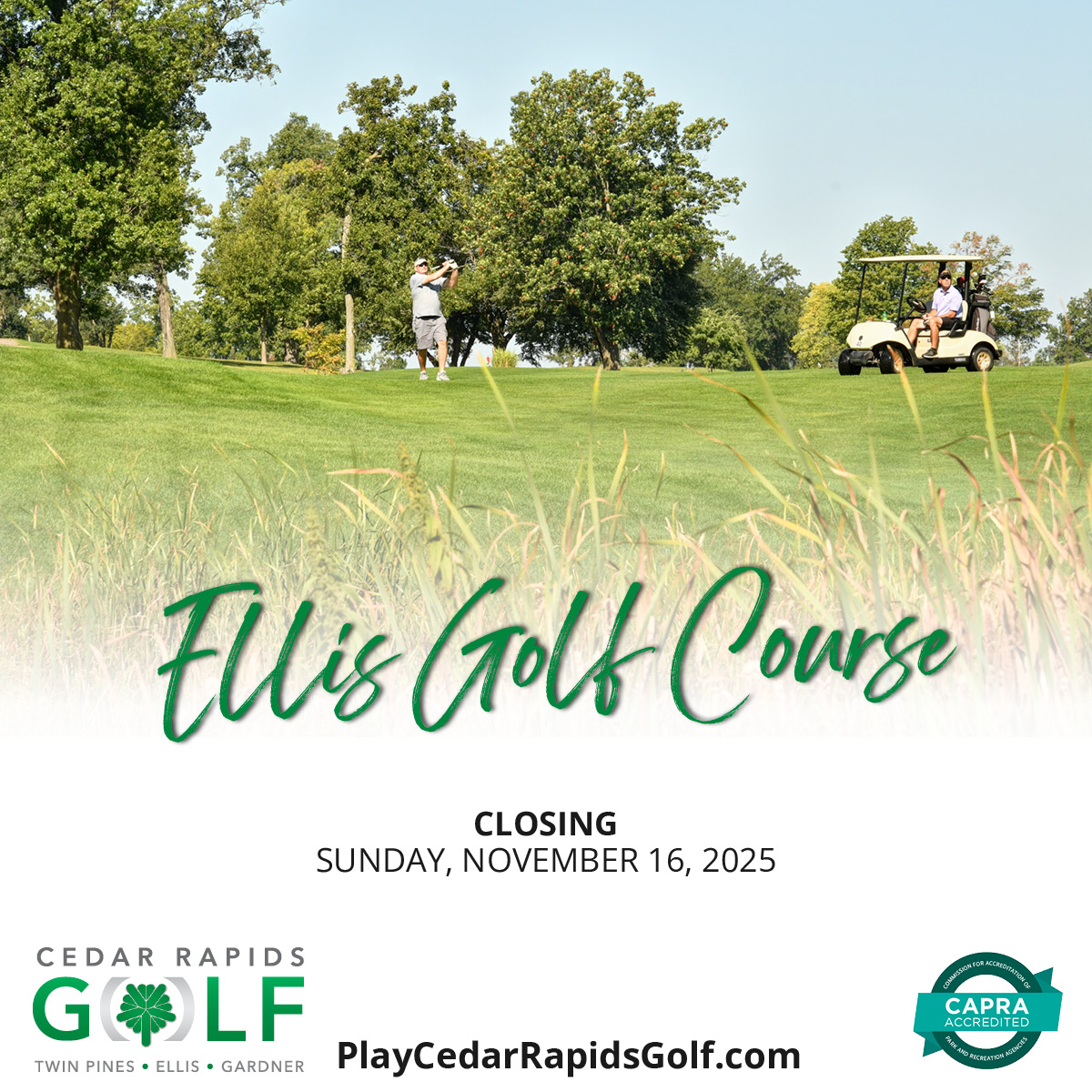 CityofCRiowa's tweet image. ⛳ Reminder – Wednesday, November 12

Only a few days left to play Ellis Golf Course before it closes for the season after play on Sunday, November 16.

Get your rounds in while you can! 🍁

#CedarRapids #ParksAndRec #CedarRapidsGolf #EllisGolfCourse