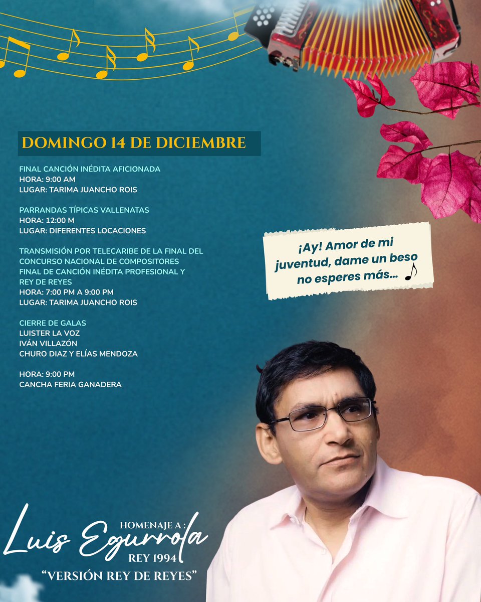 ¡PROGRÁMATE! 🗓️✨

Esta es la agenda completa para nuestro 48° #FestiCompositores. Serán 5 días de pura música, cultura y homenajes al maestro Luis Egurrola en nuestra versión "Rey de Reyes".

¡Te esperamos en la tierra donde es costumbre entregar el corazón!