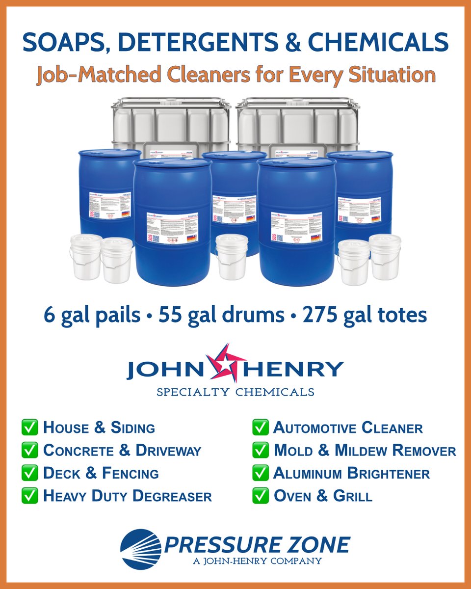 PressureZoneJHE's tweet image. ⭐ 💦 Whatever you&apos;re #pressurewashing, we carry #jobmatching cleaning chemicals to get the job done right. Click 👉 tinyurl.com/ymxchwdr or visit our showroom.  🙌 6-gallon pails, 55-gallon drums, and 275-gallon totes are available.  #detergents #soaps #chemicals