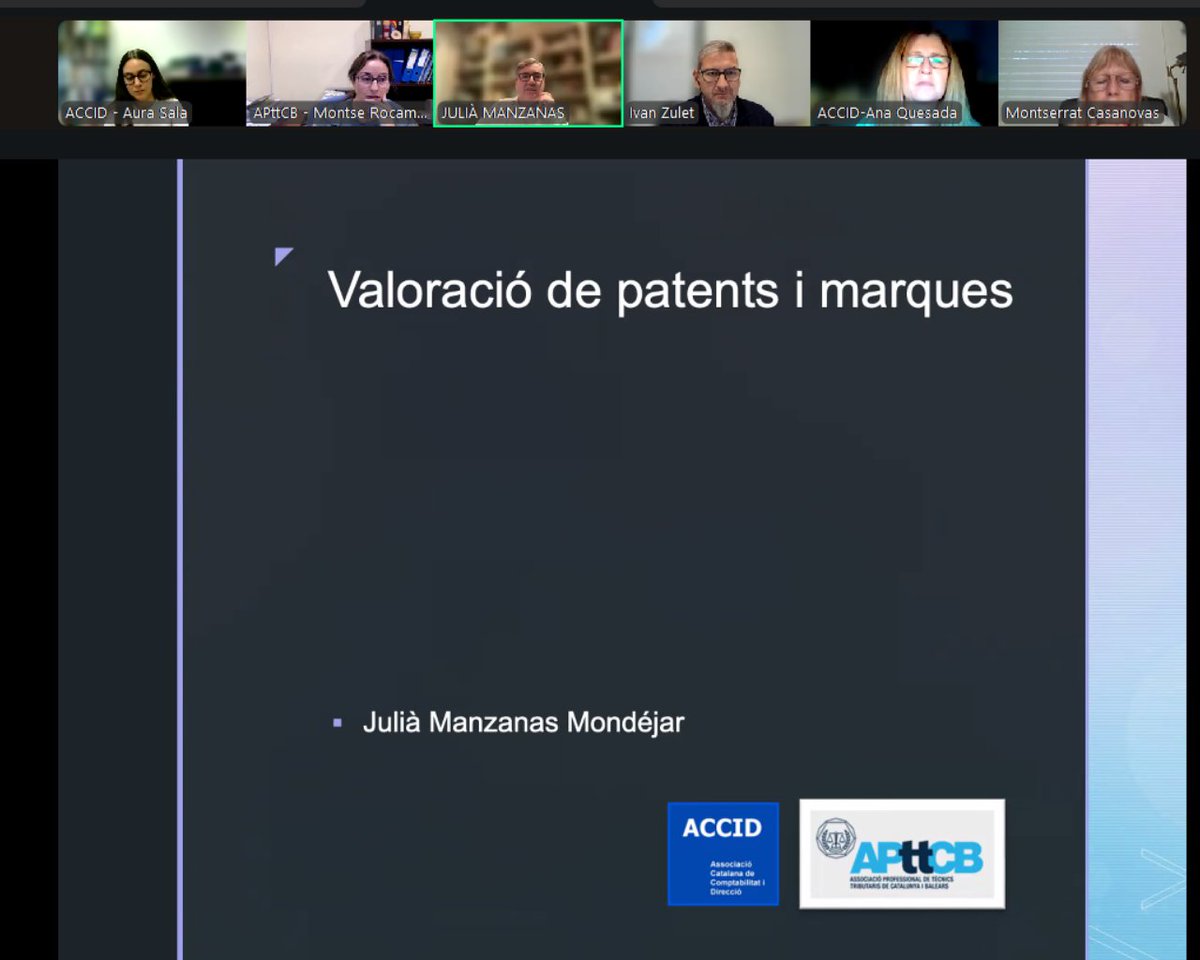 El passat 4 de novembre vam celebrar la conferència online “Valoració de patents i marques”, a càrrec de Julià Manzanas Mondéjar. 

Coorganitzat amb  <a href="/APttCB/">APttCB - Tècnics Tributaris</a> .

Més informació i material a la nostra web
accid.org/conferencia-on…

#ACCID