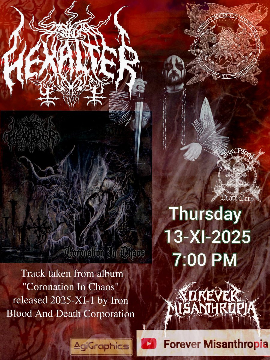 New on Forever Misanthropia YouTube channel

Date: 2025-XI-13 (Thursday)
Time: 7:00 PM CET
Graphic editing: AgiGraphics (<a href="/Agnieszka_Gra/">Agnieszka</a>)

HEXALTER - Fleshrider
Single
Track taken from album "Coronation In Chaos" released 2025-XI-1 by Iron Blood And Death Corporation (Antonio Ba)