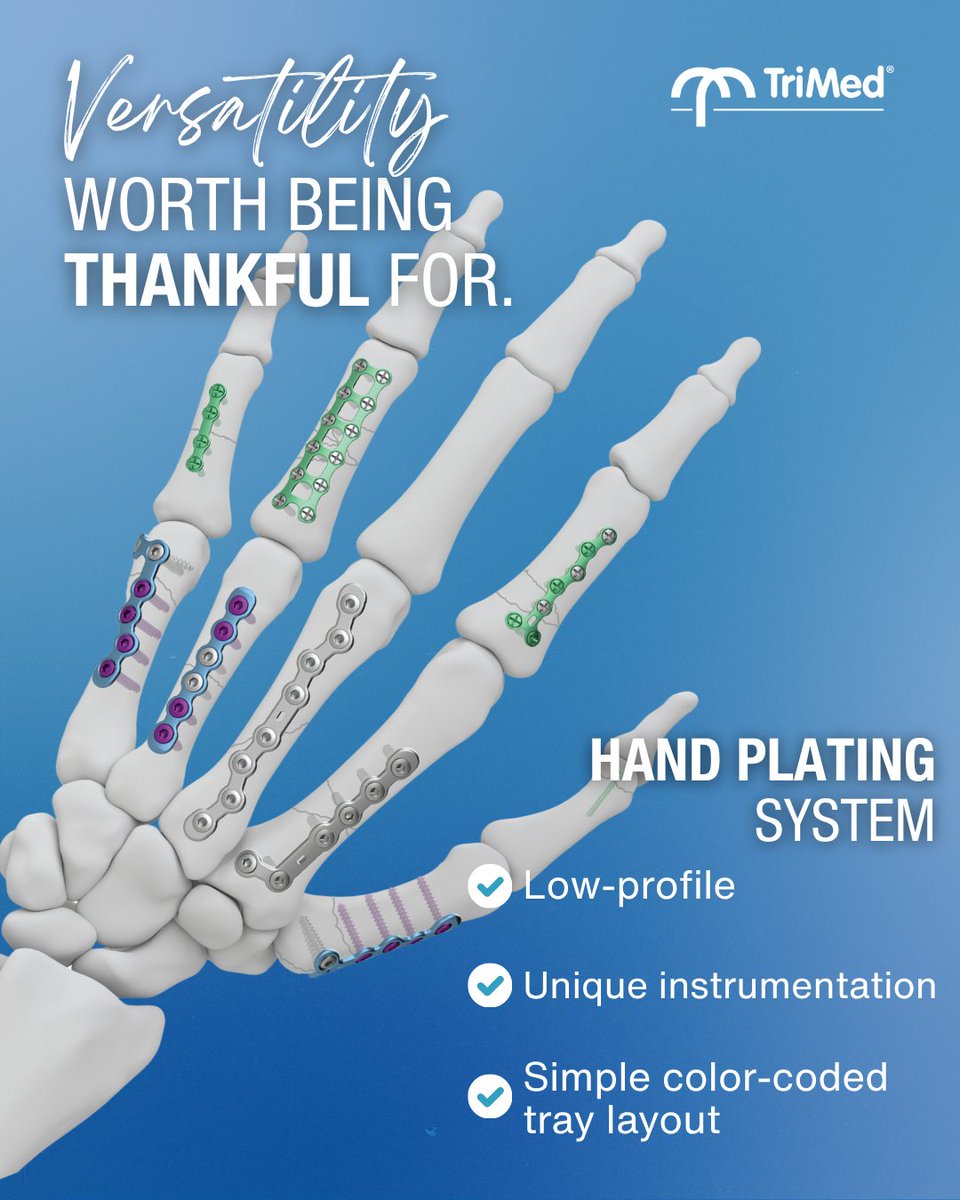 The TriMed Hand Plating System is designed to give surgeons flexibility in treating phalangeal and metacarpal fractures and osteotomies.

#TriMedOrtho #HandSurgery #Orthopedics #SurgicalInnovation #GratefulSeries #SurgeonConfidence #PatientCare