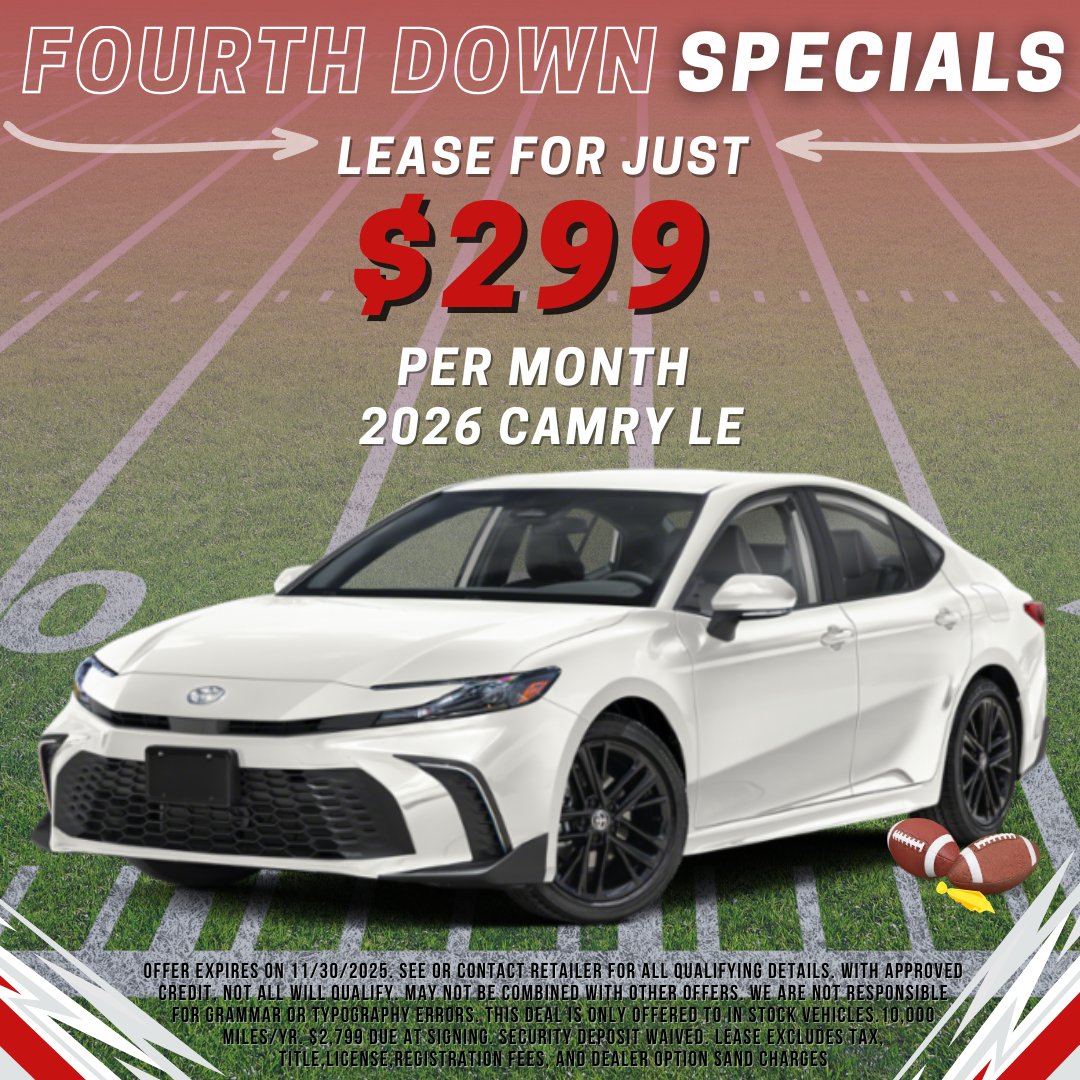 ToyotaSedalia's tweet image. 🏈 It’s game time at Toyota of Sedalia!

 Our 4th Down Specials are on now through Nov. 30th — score big on fresh new Toyotas before the clock runs out! 🚗💥

Click here to browse: ow.ly/tWVA50Xq7sn

 #ToyotaOfSedalia #4thDownSpecials #TouchdownSavings #DriveToyota