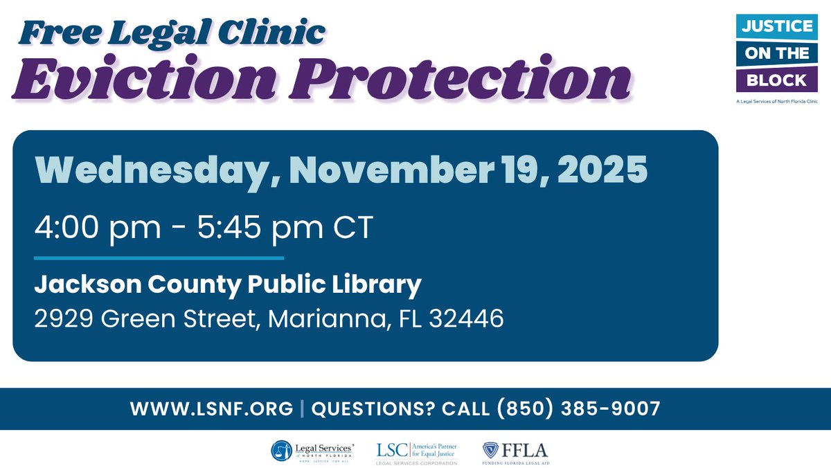 📣 FREE LEGAL CLINIC

Join LSNF on Wednesday, Nov. 19 at Jackson County Public Library from 4 PM - 5:45 PM CT for a FREE Eviction Protection Legal Clinic ⚖️ 

More Information: facebook.com/share/1DUFKPbo…