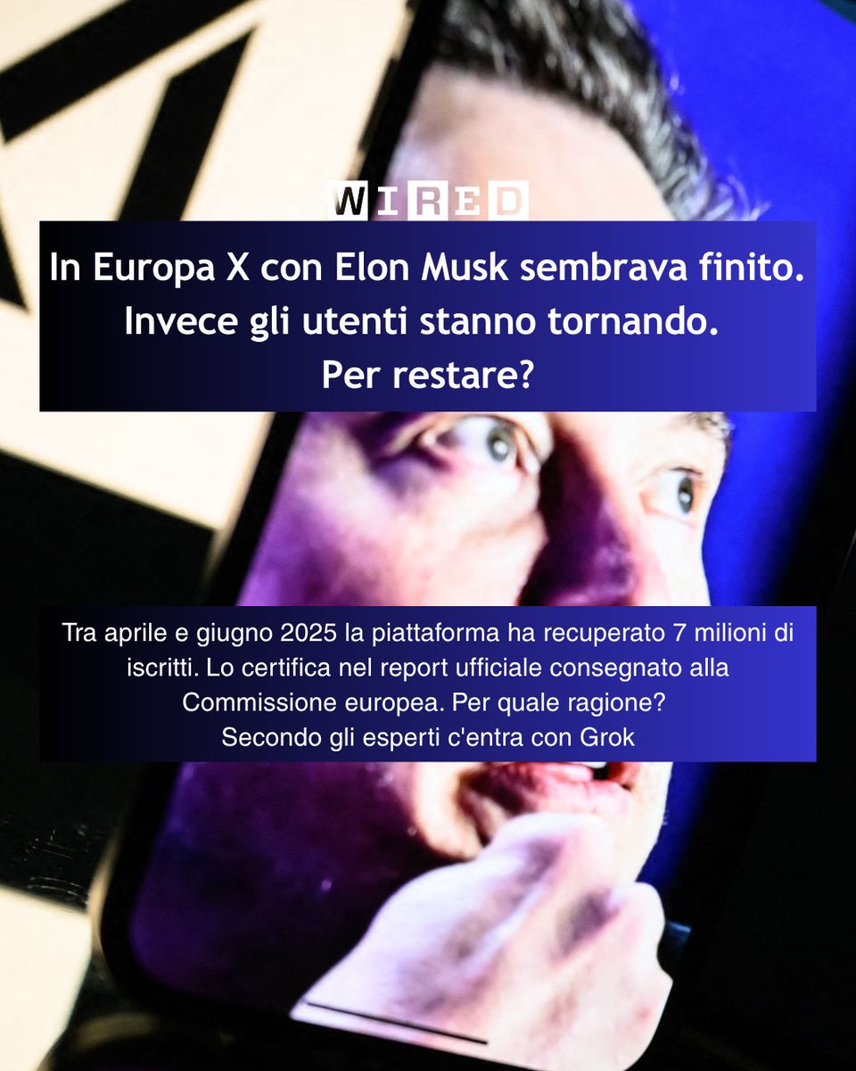 In Europa X con Elon Musk sembrava finito. Invece gli utenti stanno tornando. Per restare? Tra aprile e giugno 2025 il social ha recuperato 7 milioni di iscritti. Lo certifica nel report consegnato alla Ue. Per quale ragione? C'entra con Grok <a href="/wireditalia/">Wired Italia</a> wired.it/article/x-elon…