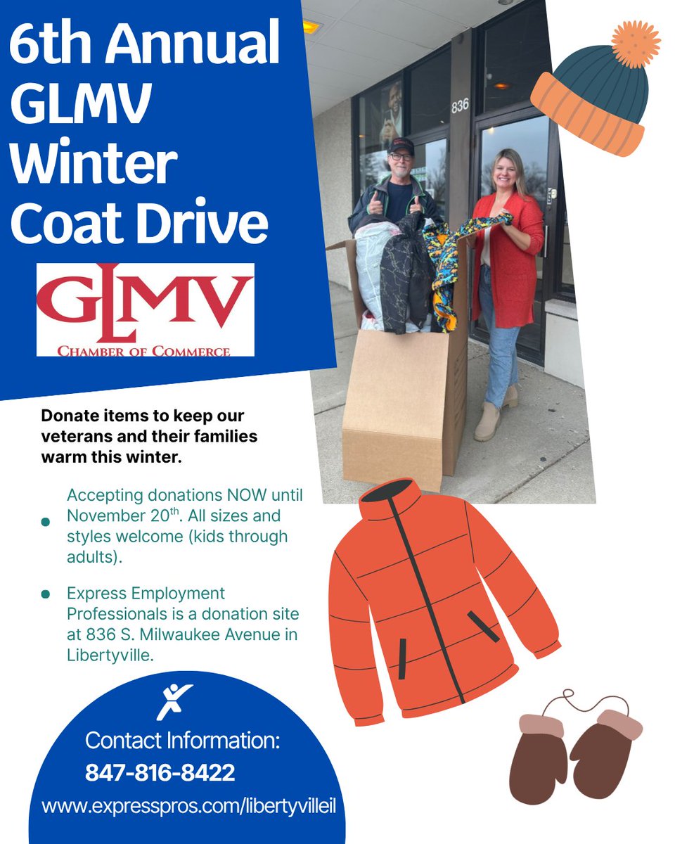 Got coats? With winter fast approaching, it’s time for the 6th Annual GLMV Chamber Winter Coat Drive for Vets—the largest local coat drive serving Green Oaks, Libertyville, Mundelein, Vernon Hills, and Kildeer, with over 40 collection sites!

Express Employment Professionals...