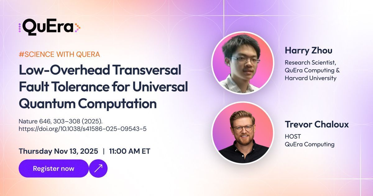 QueraComputing's tweet image. Join us on Nov 13 for a &quot;Science with QuEra&quot; webinar covering Nature 646, 303–308 (2025), &quot; Low-overhead transversal fault tolerance for universal quantum computation &quot;

Register at: buff.ly/vimTw48