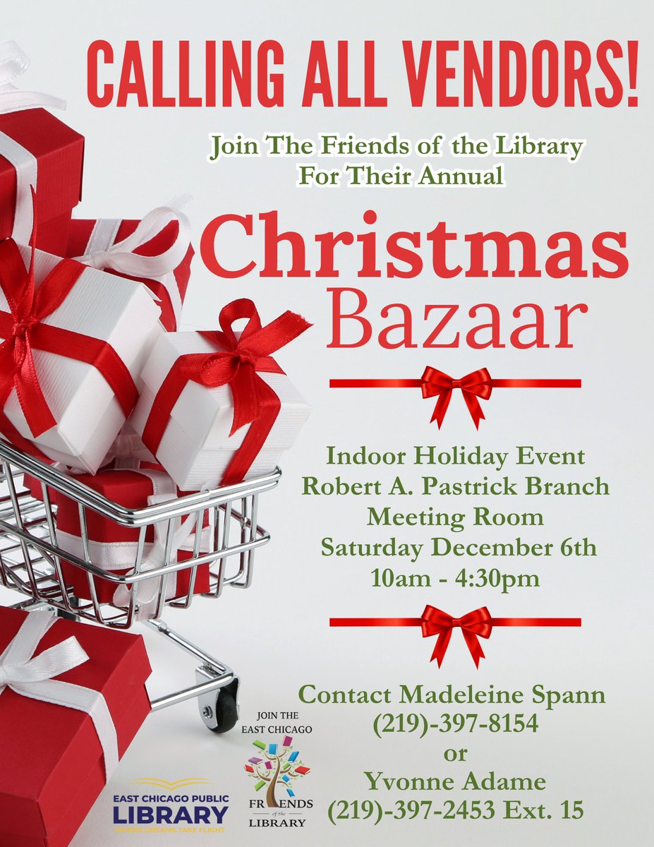 ECPublicLibrary's tweet image. 📷 Calling All Vendors! 📷
Join the Friends of the Library for their Annual Christmas Bazaar! 📷
It’s the perfect opportunity to showcase your products and be part of a fun, festive community event.
Check out the flyer for all the details on how to become a vendor! 📷