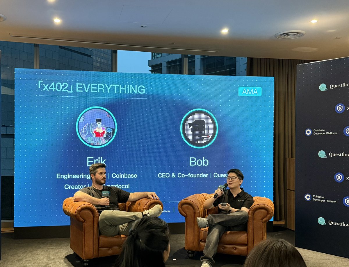 Excited to attend my first irl x402 event, and probably the first ever x402 event in Southeast Asia!

Got to pick the brains of insane builders, including Erik <a href="/programmer/">erik.eth 🛡</a> from <a href="/CoinbaseDev/">Coinbase Developer Platform🛡️</a>. 

Kudos to <a href="/questflow/">Questflow</a> and the others for organising such a great event on short notice!