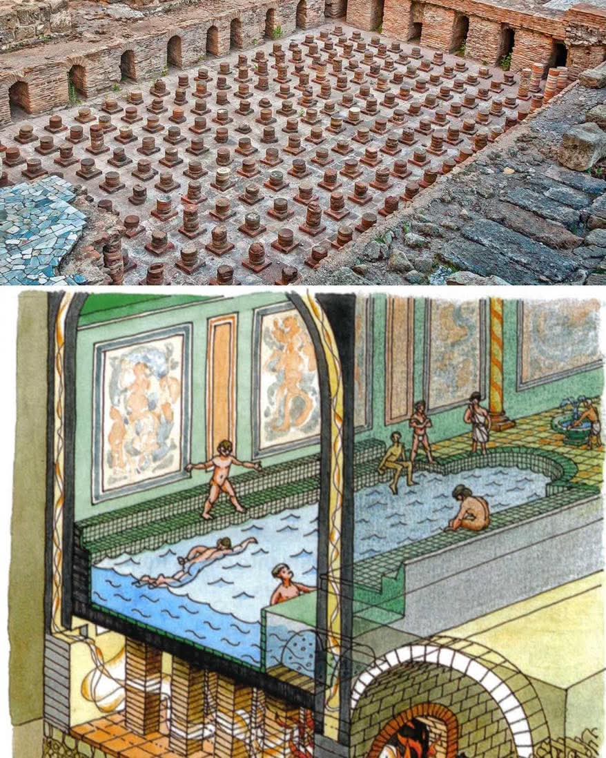 Hipocausto en las ruinas de las Termas Romanas de Beirut, Líbano. Ubicado bajo el suelo, el sistema de calefacción (hipocausto) permitía que el aire, calentado por hogueras de leña en bóvedas adyacentes, circulara entre pilares de discos de terracota que calentaban el suelo de