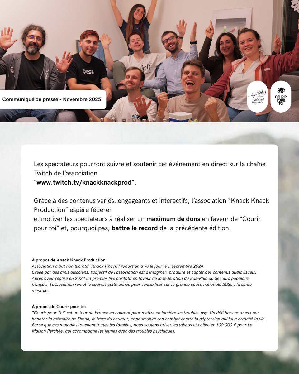 Re.

Le collectif alsacien “Knack Knack” organise un nouveau live caritatif en faveur de "Courir pour toi" les 22 et 23 novembre 2025.

Après une première édition réussie qui a permis au <a href="/SecoursPop/">Secours populaire</a> 67 de récolter plus de 2500€, le
Week-Knack Solidaire est de retour sur #Twitch.
